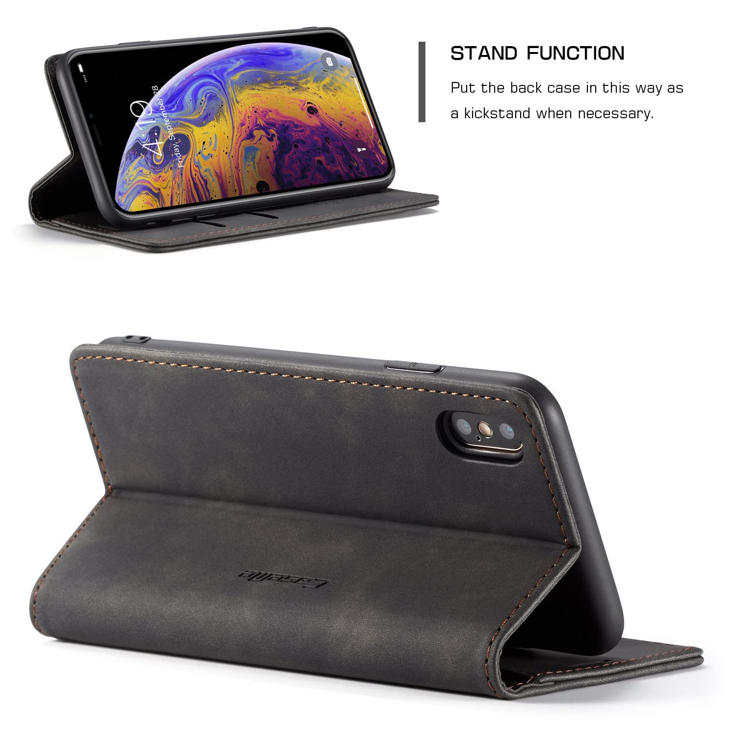 XYX Wallet Case for iPhone Xs Max 6.5 inch - Matte Textured Retro PU Leather Flip Cover with Magnetic Kickstand & Card Slots (Black) - Perfect for Hands-Free Viewing, Secure Card Storage & Everyday Protection