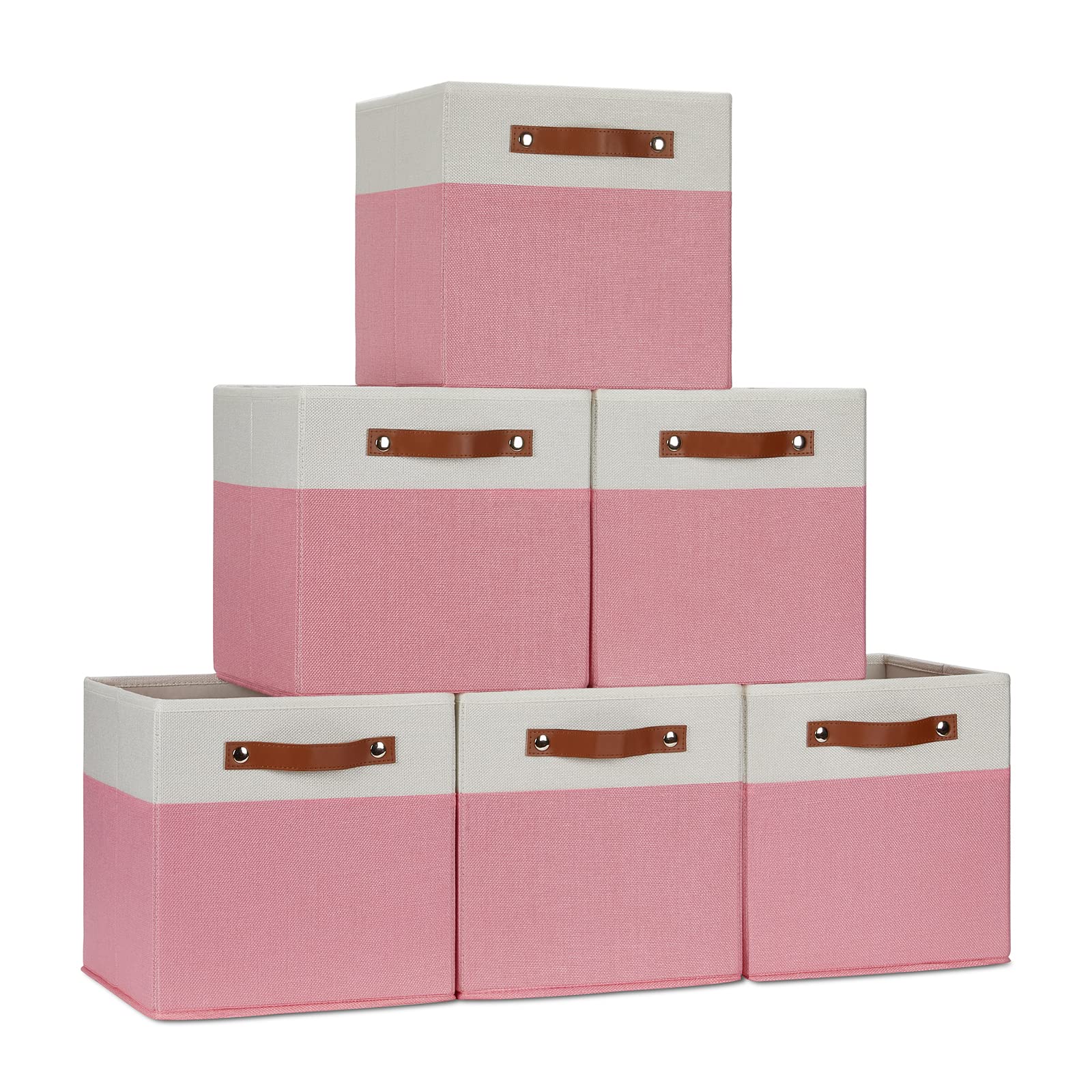 ECEGEVA 11x11x11 Inch Foldable Storage Cubes with Handles - 6 Pack Pink & White Fabric Organizer Bins for Shelves, Closet, Nursery, or Office Organization | Space-Saving Home Storage Solution