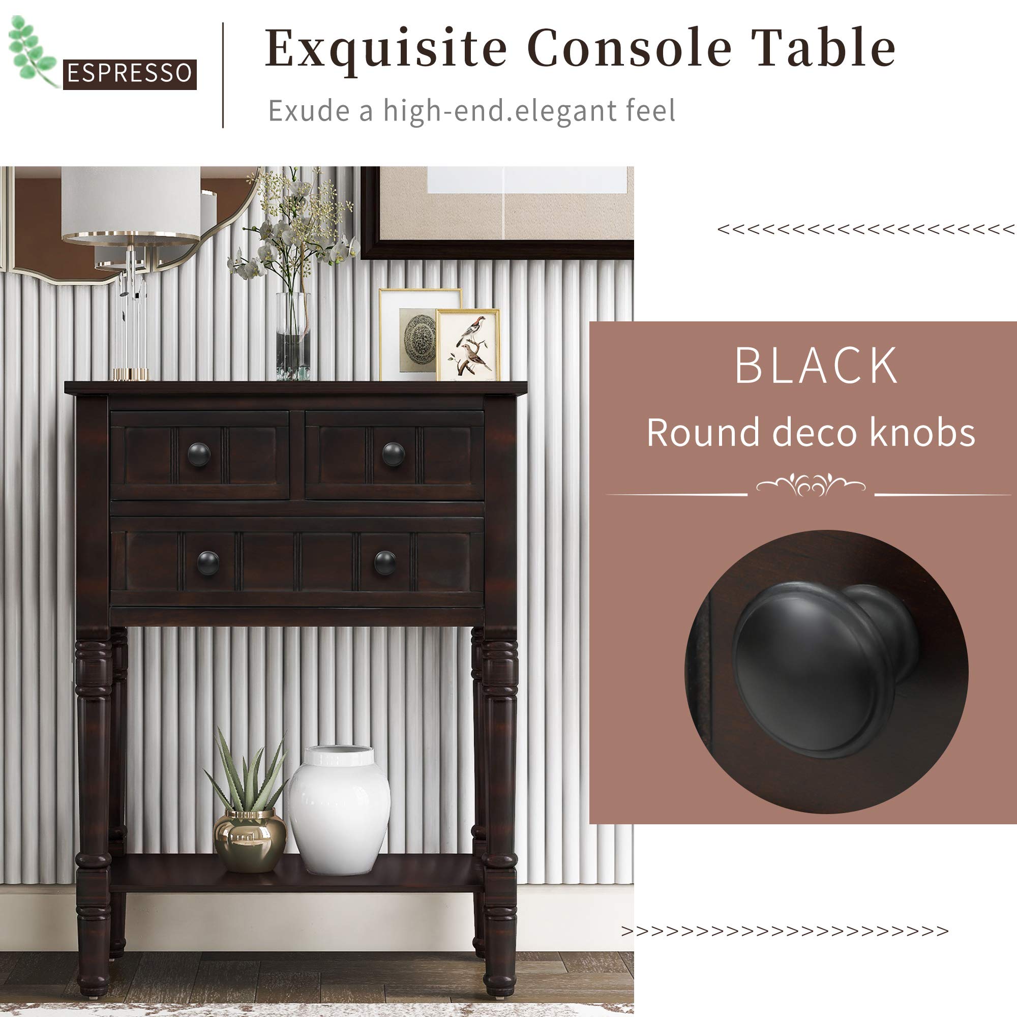 Narrow Console Table with 4 Storage Drawers & Bottom Shelf - Solid Wood Sofa Table, Entryway Table for Living Room, Hallway - Easy Assembly (Espresso-1) | Perfect for Small Spaces, Behind Sofas & Entryway Organization