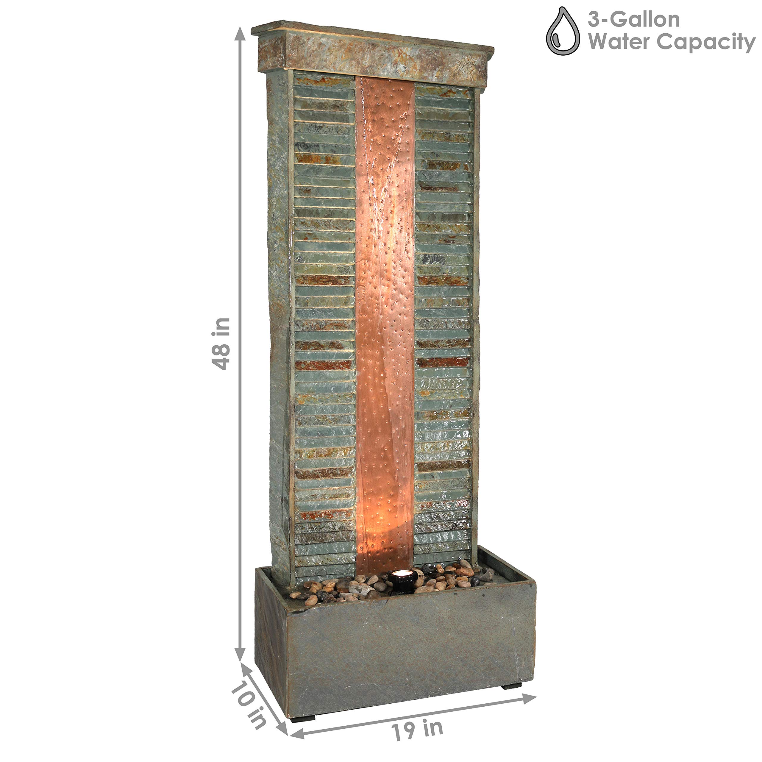 Sunnydaze 48-inch Rippled Slate Outdoor Water Fountain with LED Lights - Copper Accented Garden Water Feature for Patio, Deck, Backyard | Relaxing Ambient Decor for Outdoor Living Spaces