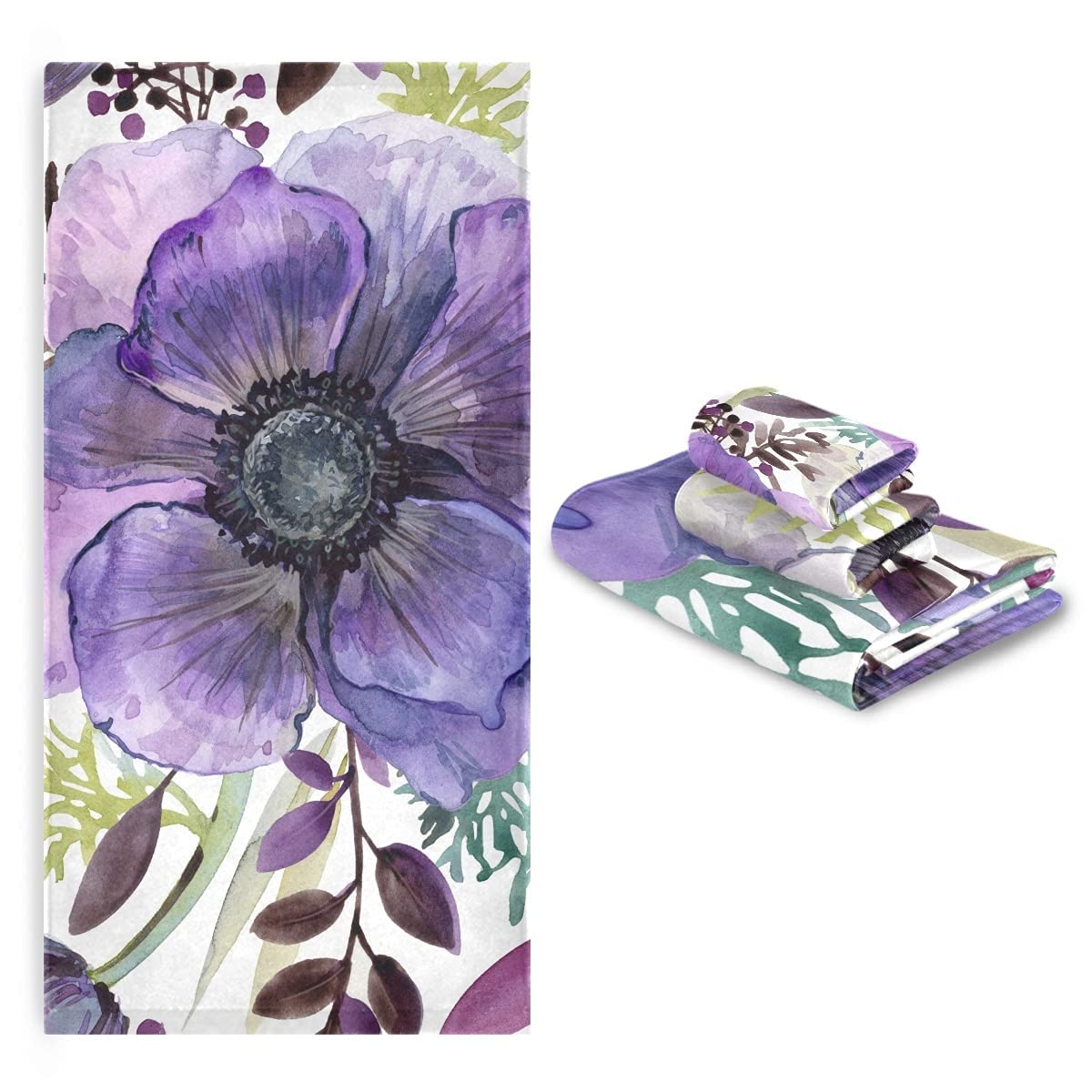 **Premium Purple Bath Towel Set - 3-Piece Ultra Absorbent Microfiber Bathroom Towels (1 Bath Towel + 1 Hand Towel + 1 Washcloth) - Floral Design for Spa, Beach & Home Decor**