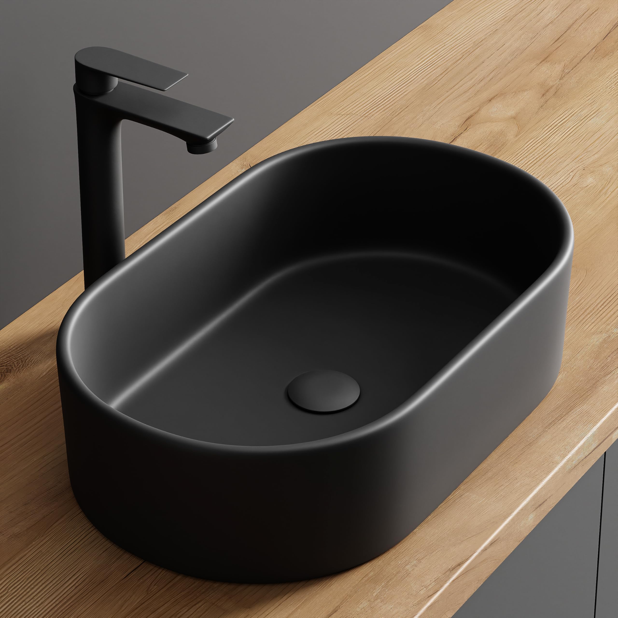 Planetmöbel Aquil Elegant Oval Bathroom Sink | Modern Countertop Wash Basin for Bathroom & Powder Room | No Tap Hole & Overflow | Black Ceramic Vessel Sink, 21.7