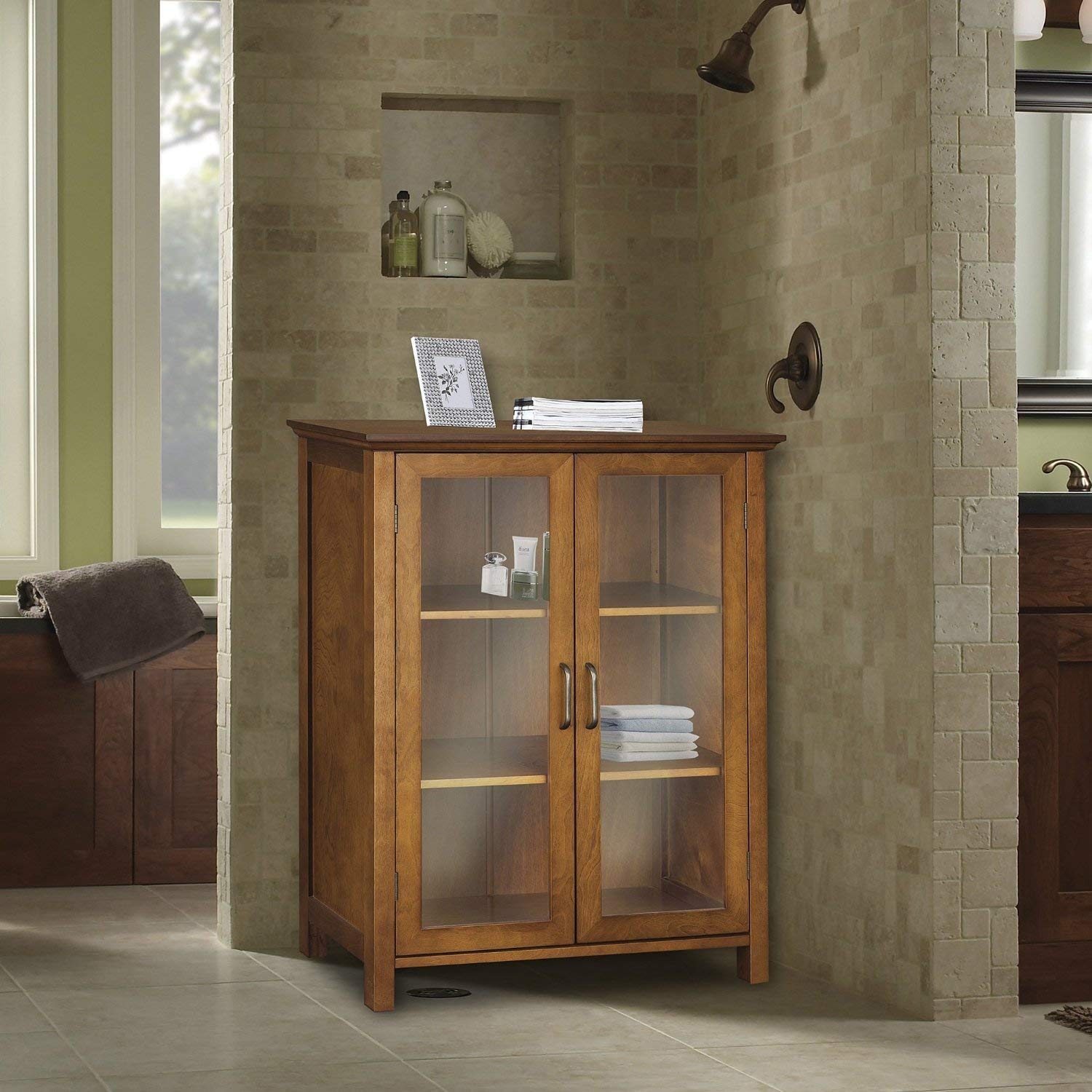 Oak Finish Bathroom Floor Cabinet with 2 Glass Doors & Storage Shelves - Modern Bathroom Storage Organizer for Towels, Toiletries & Cosmetics - Perfect for Small Bathrooms, Powder Rooms & Vanity Areas