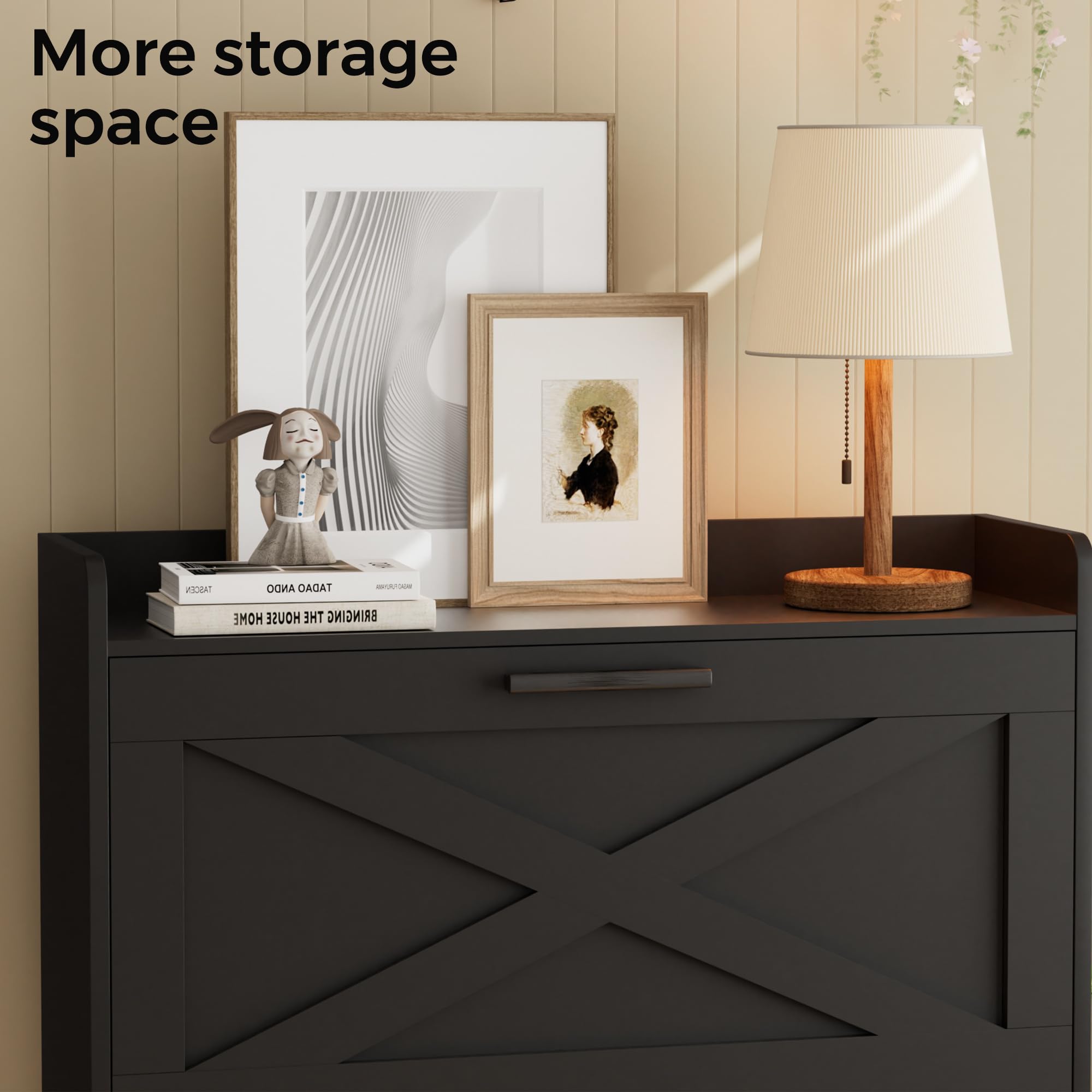 Farmhouse Shoe Storage Cabinet with 2 Flip Drawers & Barn Door Design - Adjustable Shelves Modern Hidden Slim Narrow Shoe Rack for Entryway, Foyer, Hallway - Perfect for Organizing Shoes in Small Spaces, Apartments & Mudrooms (Black)