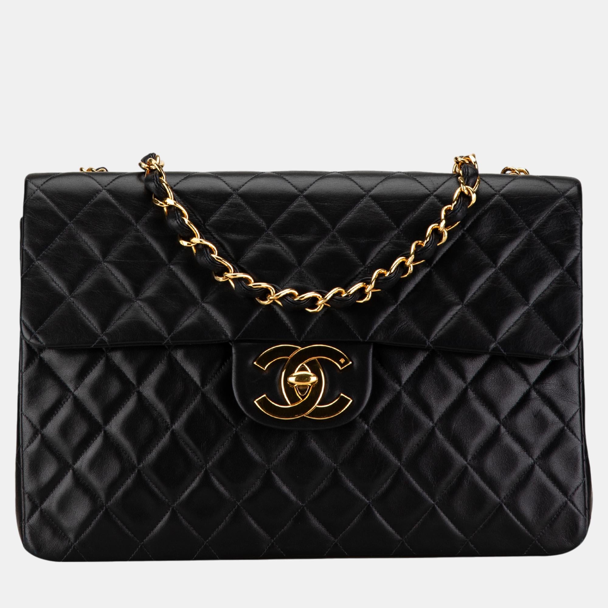 Luxury Black Lambskin Leather Maxi Classic Single Flap Shoulder Bag for Women | Elegant Designer Handbag for Work, Evening & Special Occasions
