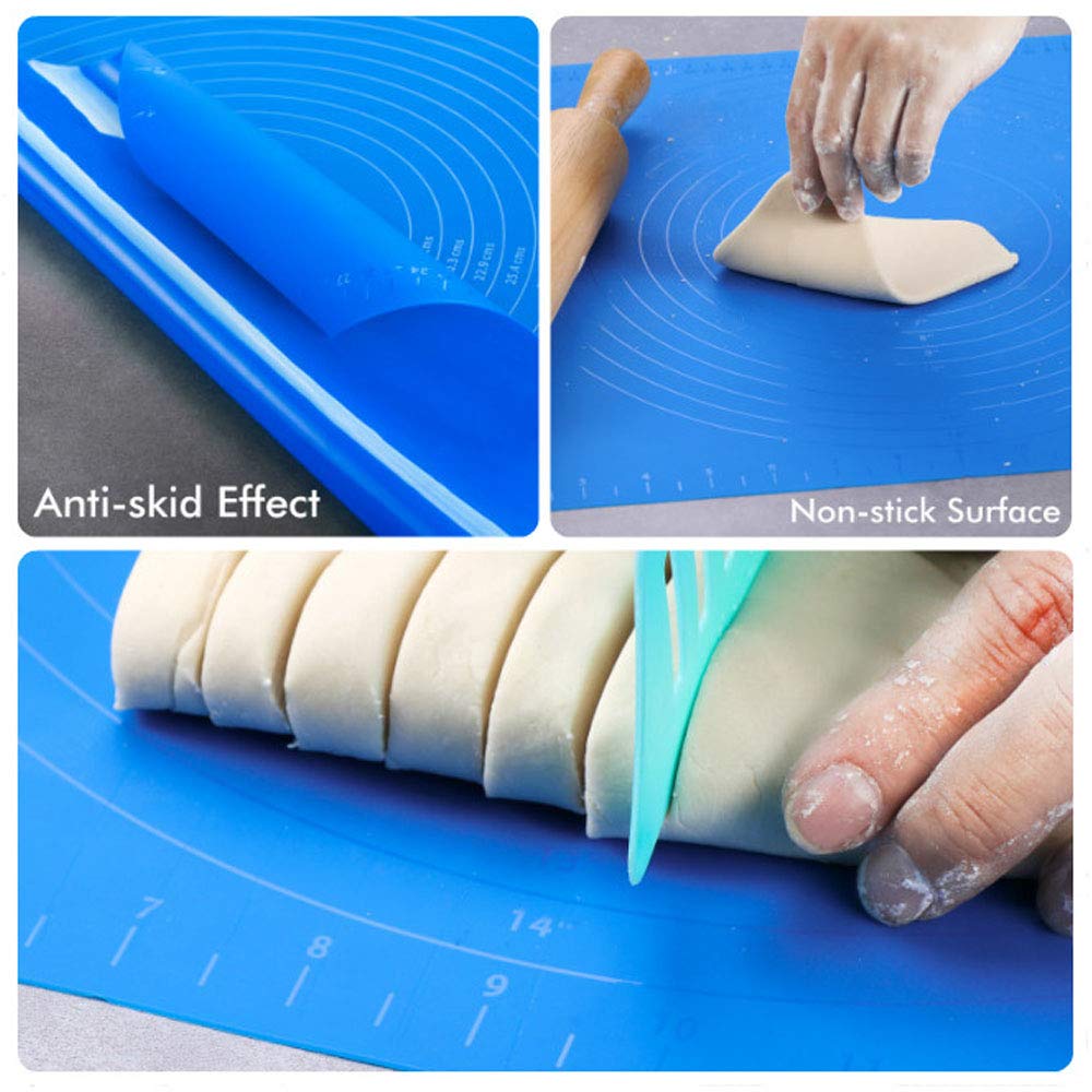 Extra Large Reusable Silicone Non-Stick Baking Mat with Measurements - Dough Rolling Pastry Mat for Countertop Protection, Fondant, Pie Crust & Cutting - Perfect for Baking Cookies, Bread & Pastries (XL Blue)