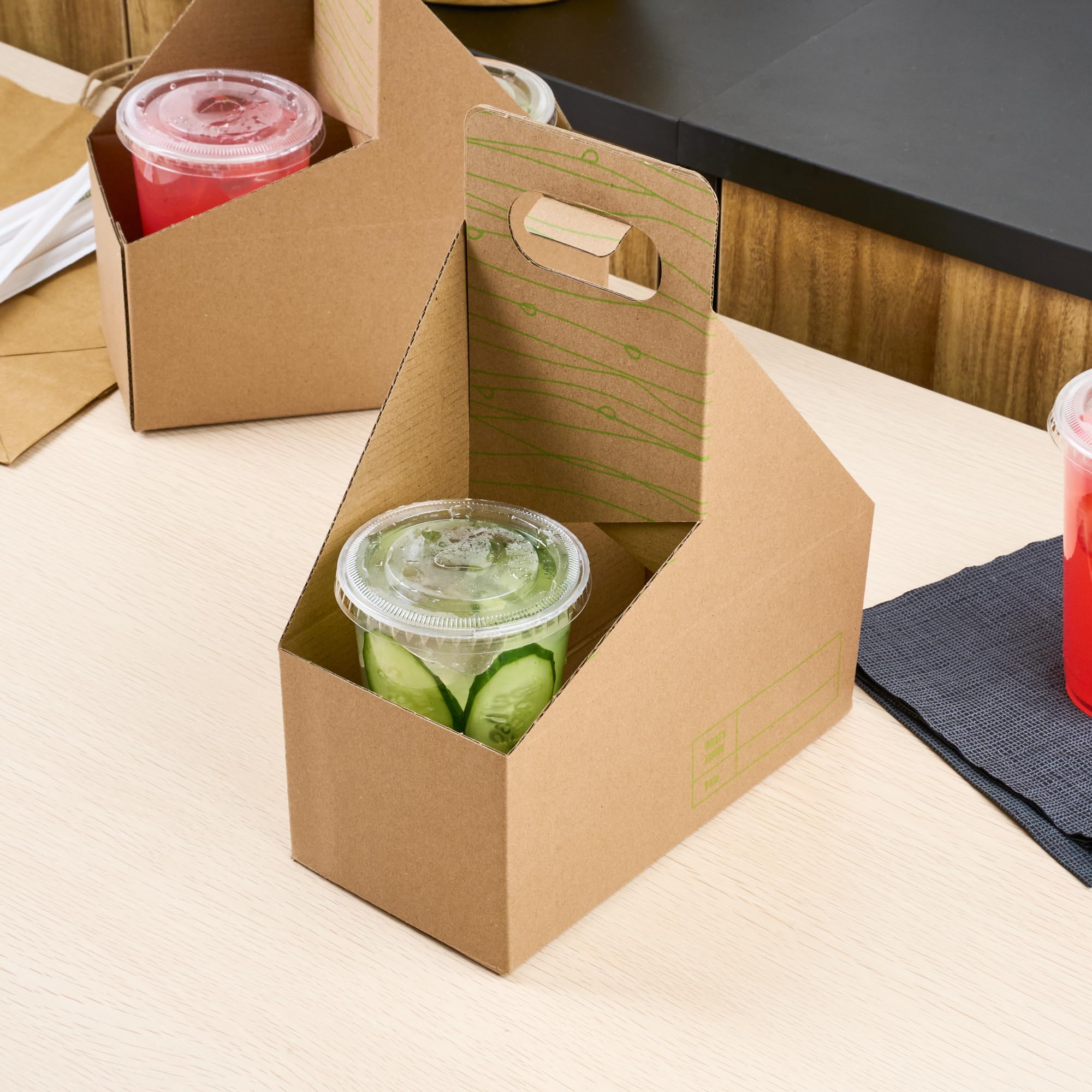 Restaurantware Cater Tek 100-Pack Disposable Cup Carriers with Handles - Kraft & Green Paper Drink Holders for 2 Cups, Perfect for Delivery, Takeout, Coffee Shops, and Beverage Businesses