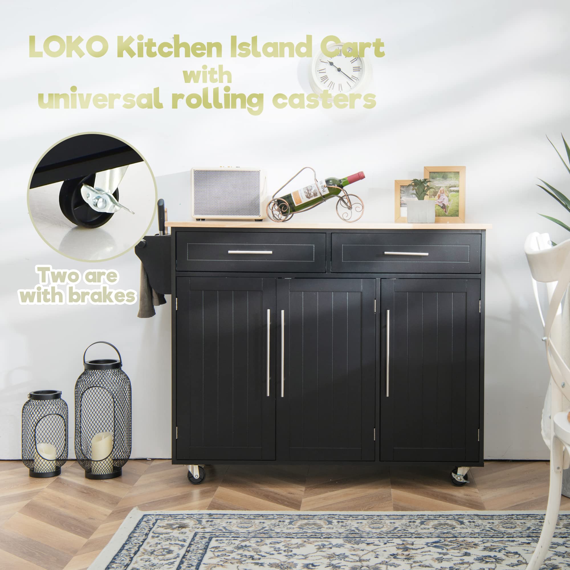 LOKO Large Kitchen Island with Storage - Portable Rolling Kitchen Cart with Rubber Wood Countertop, Adjustable Shelves & Universal Casters - 49 x 18.11 x 36.61 Inches - Perfect for Small Kitchens, Food Prep, and Extra Counter Space