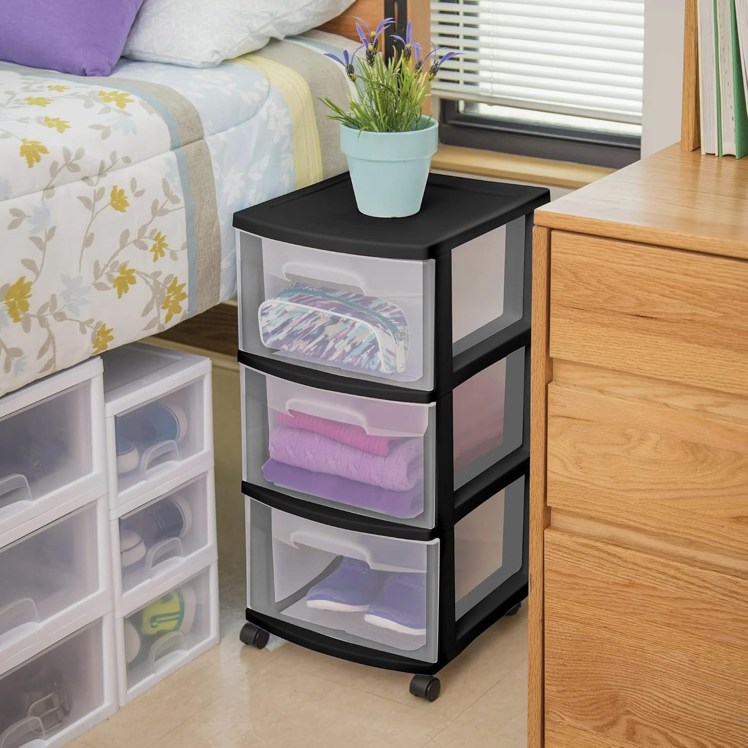 3-Drawer Plastic Storage Cart with Removable Wheels - Medium Home Organization Solution for Bedroom, Closet & Office - Black (Set of 1)