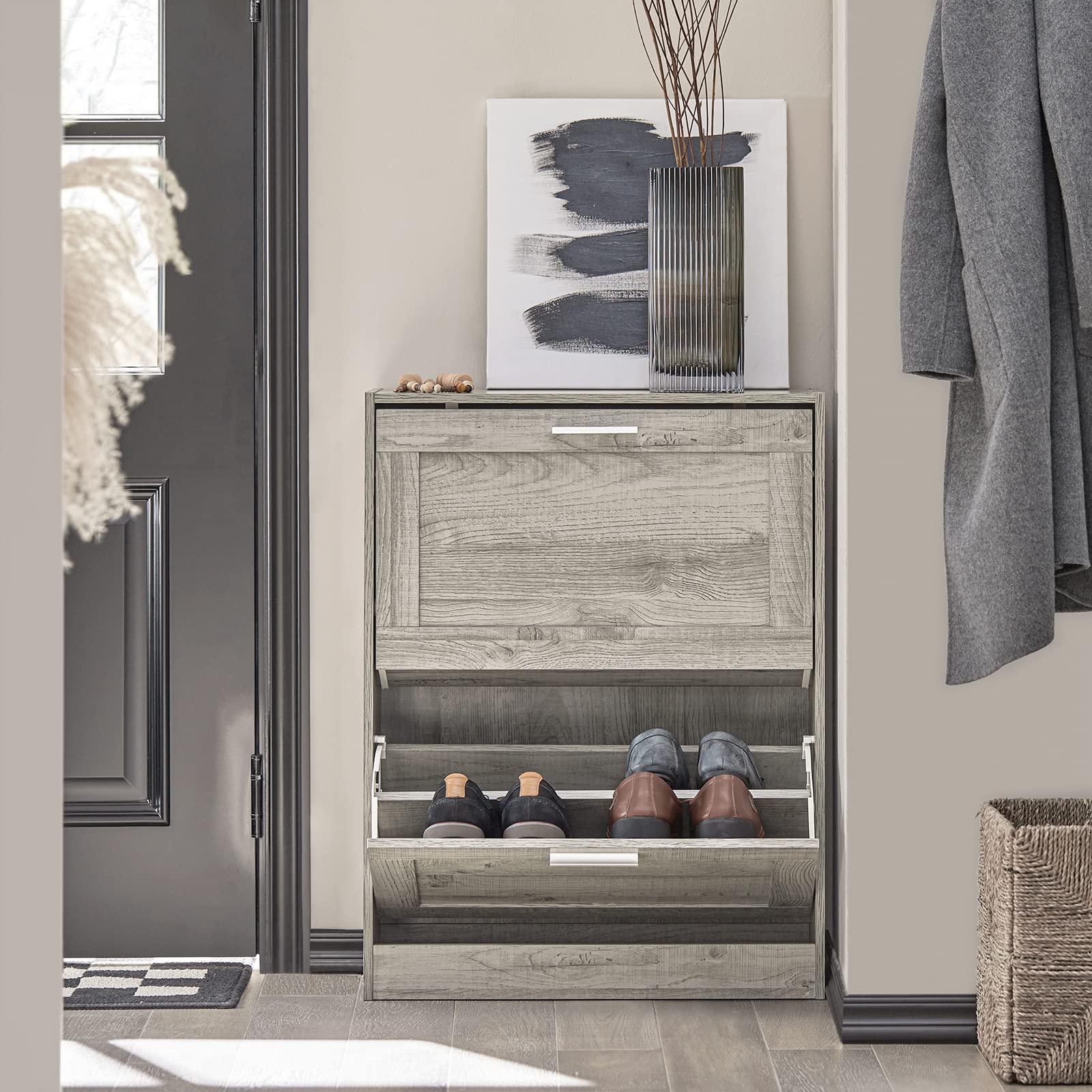 Haotian Slim Shoe Cabinet - Space Saving Entryway Shoe Rack Organizer with 4 Tiers, Grey (FSR137-HG) - Perfect for Small Apartments, Hallways & Closet Storage Solutions