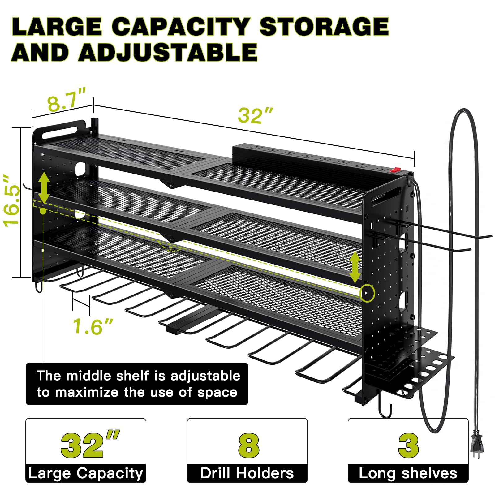 Wall Mounted Power Tool Organizer with Charging Station - 8 Drill Holder & 4 Layer Storage Rack for Garage Organization - Includes 8 Outlet Power Strip (Black) | Perfect for Workshop, Garage & DIY Projects
