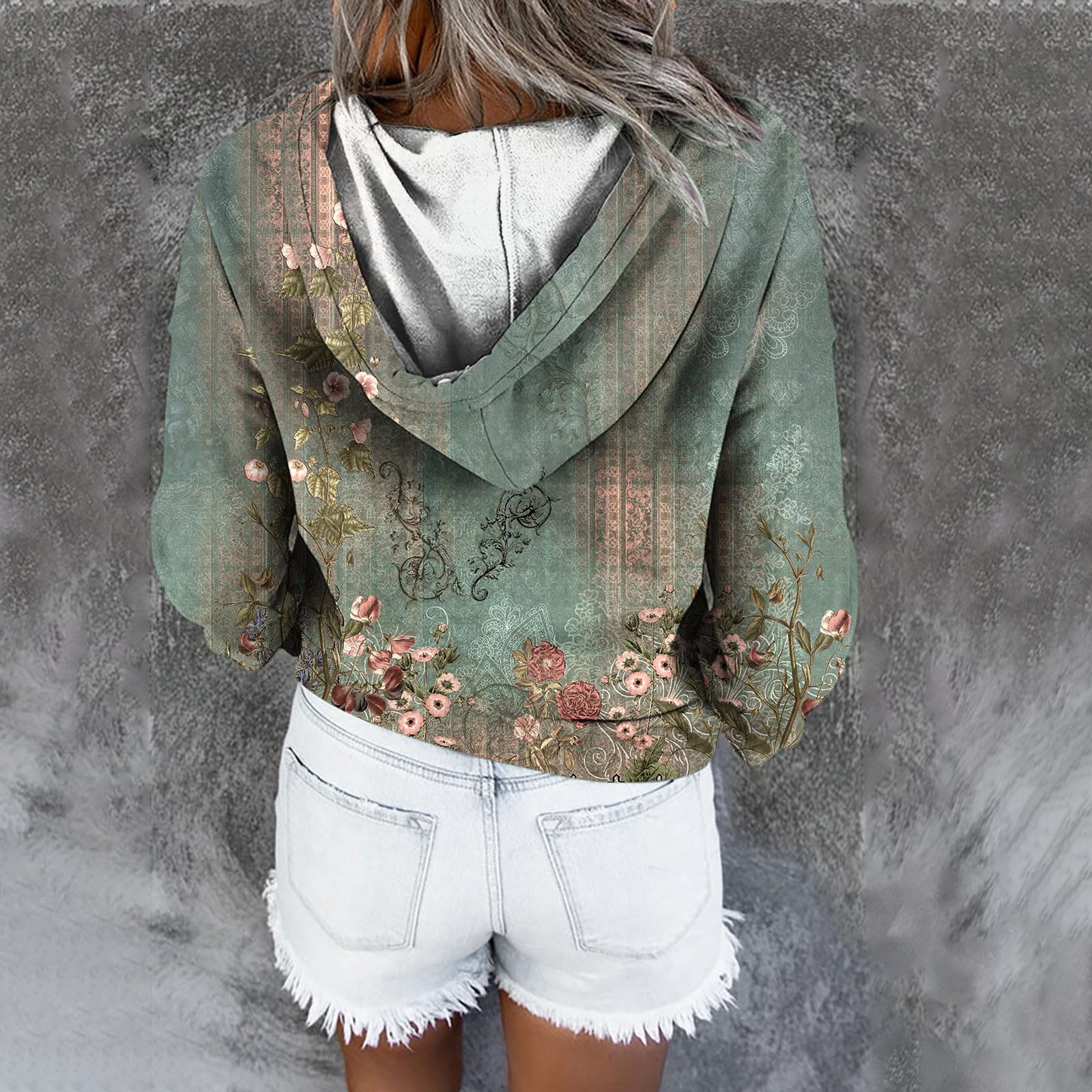 Women's Casual Long Sleeve Hoodie Floral Print Loose Tunic Button Down Hooded Sweatshirt Pullover Top for Outdoor Activities and Relaxation