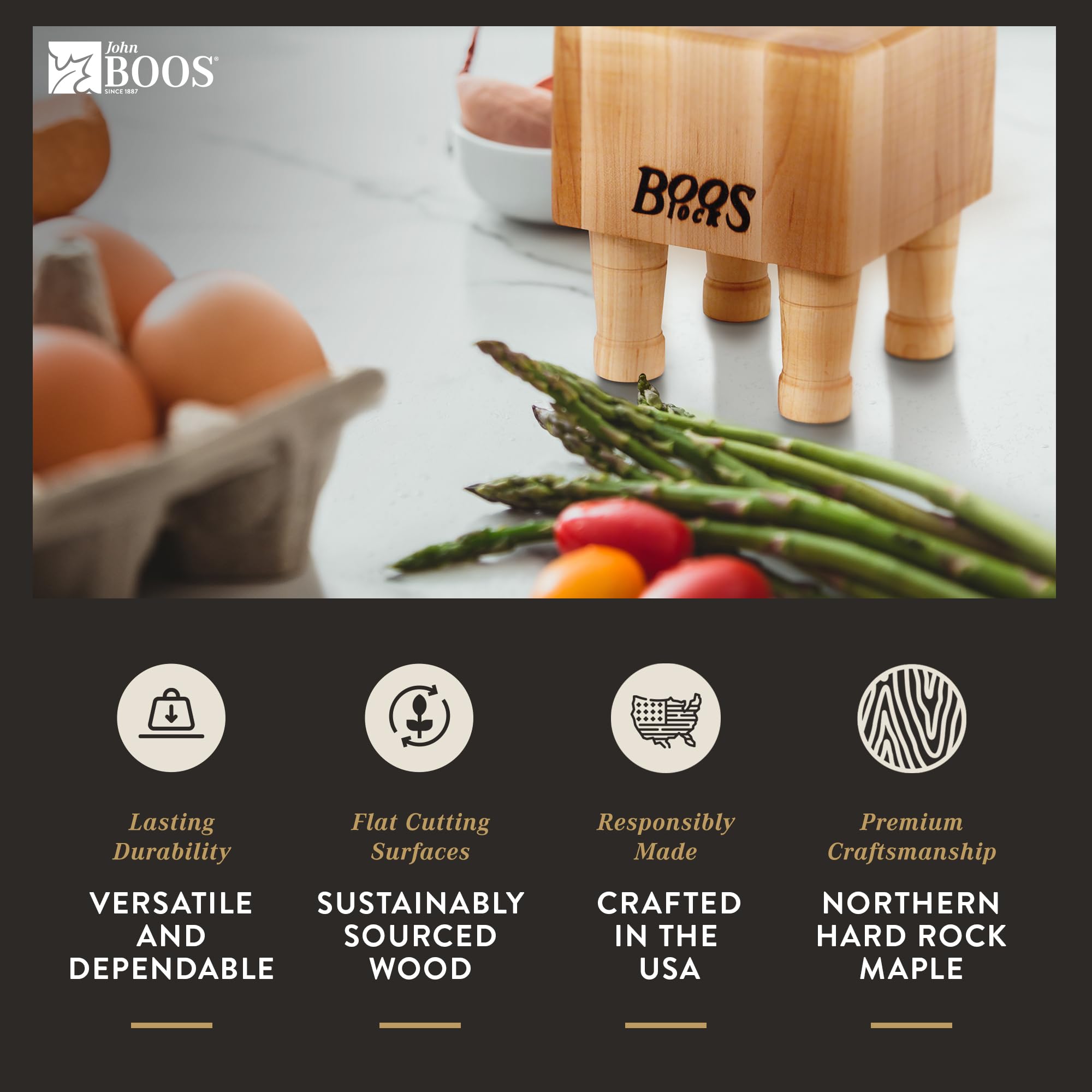 Premium John Boos MC Series 6x6 Inch Maple Wood Cutting Board with Non-Slip Feet - 4-Inch Thick Square Chopping Block for Kitchen, Butcher, Meat Cutting & Charcuterie Display