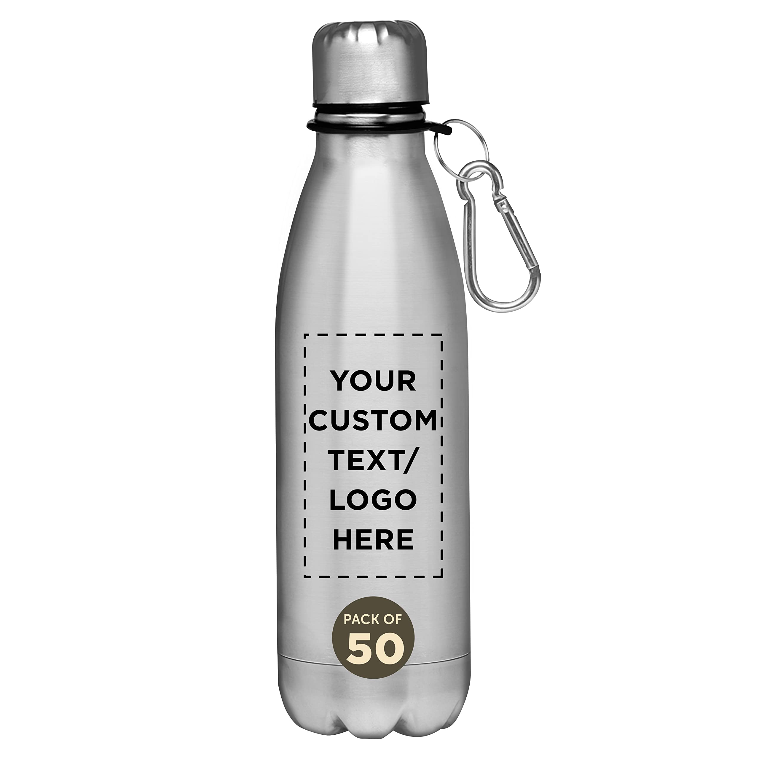 Custom 26oz Stainless Steel Bullet Water Bottles - Bulk Pack of 50, Personalized Leakproof Bottles with Carabiner Clip - Ideal for Gym, Hiking, Camping & Outdoor Sports - Silver (Great for Workouts, Travel & Adventure Hydration)