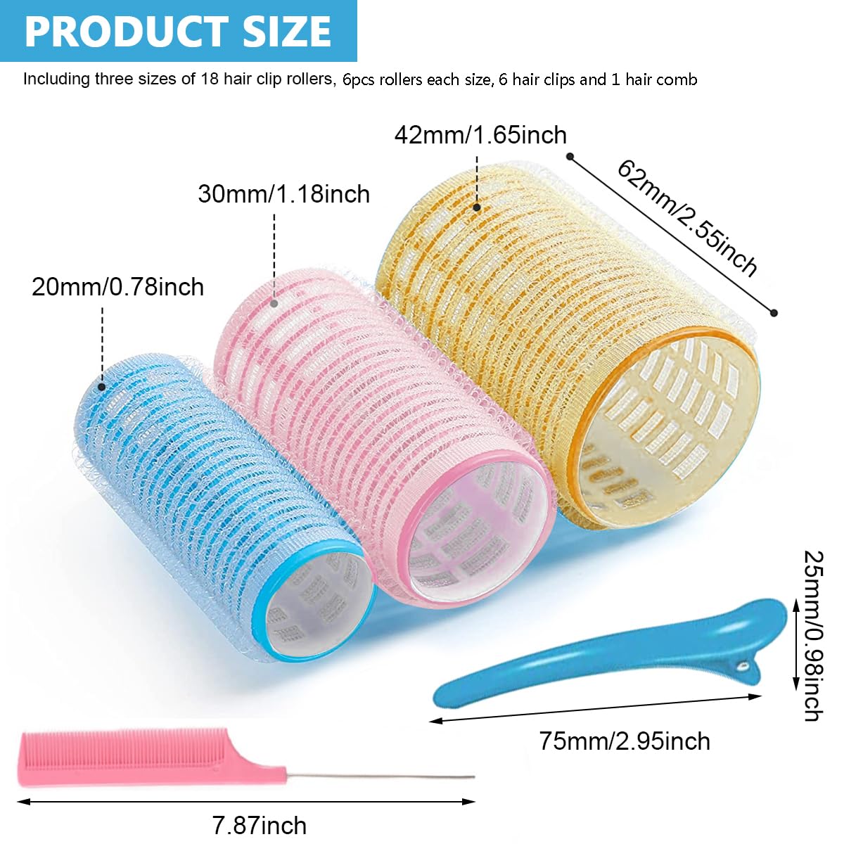 MAYCREATE® Heatless Hair Curler Roller Kit - 3 Sizes Self-Grip Magic Hair Rollers for Long, Medium & Short Hair with 6 Bang Clips & Stainless Steel Comb | No Heat Curling for Natural Waves & Overnight Styling