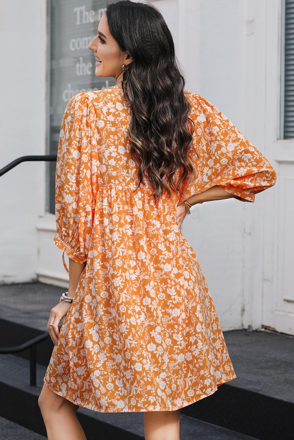 Dokotoo Women's Summer Dresses 2025 - Boho Floral Print Chiffon Mini Dress with V Neck & Lantern Sleeves | Beach Vacation Sundress, Casual Outfit for Pool Party & Summer Travel