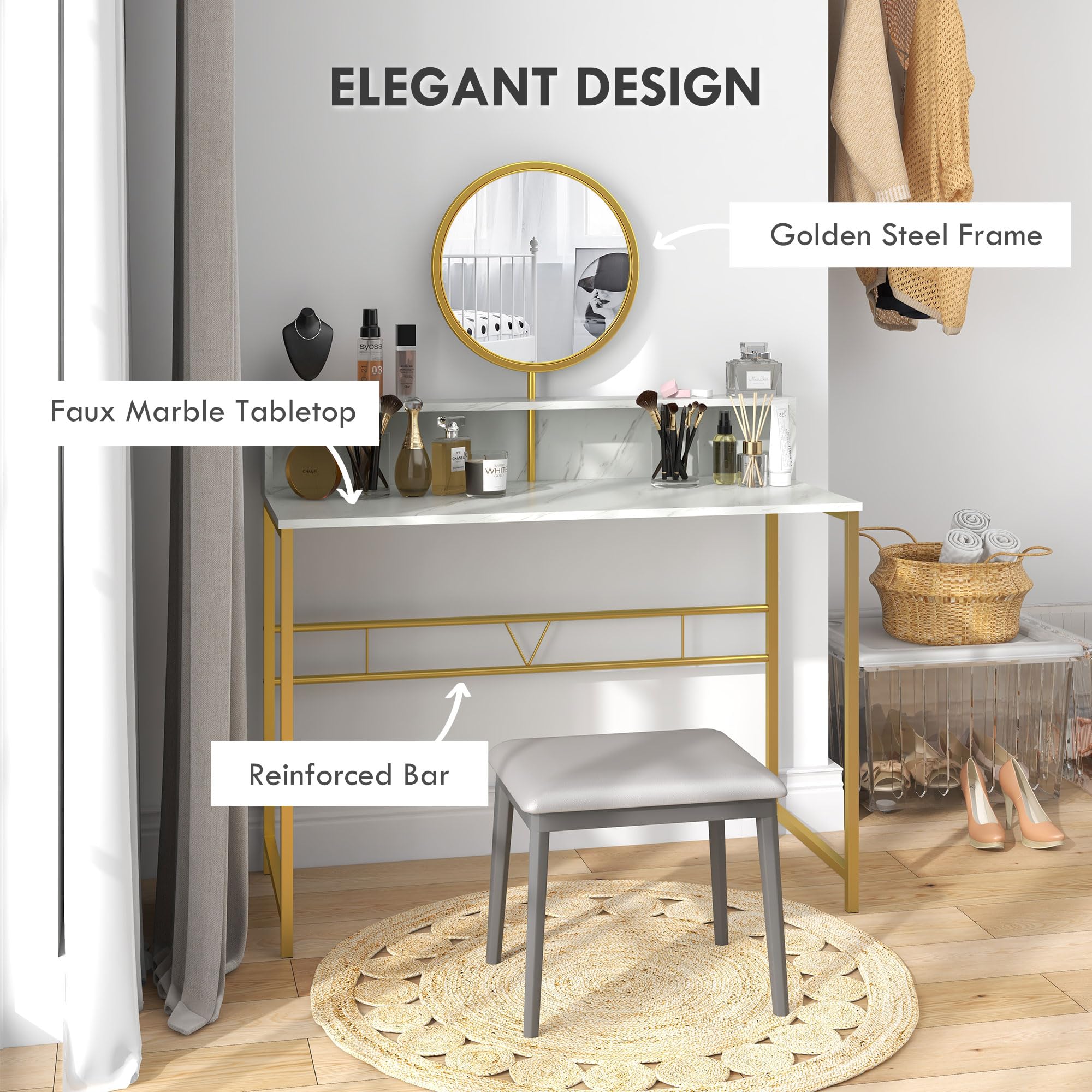 Modern Vanity Makeup Desk with Mirror - White & Gold Dressing Table with Open Storage, Faux Marble Finish & Steel Frame for Bedroom | Perfect for Makeup Organization, Beauty Routine & Small Space Decor