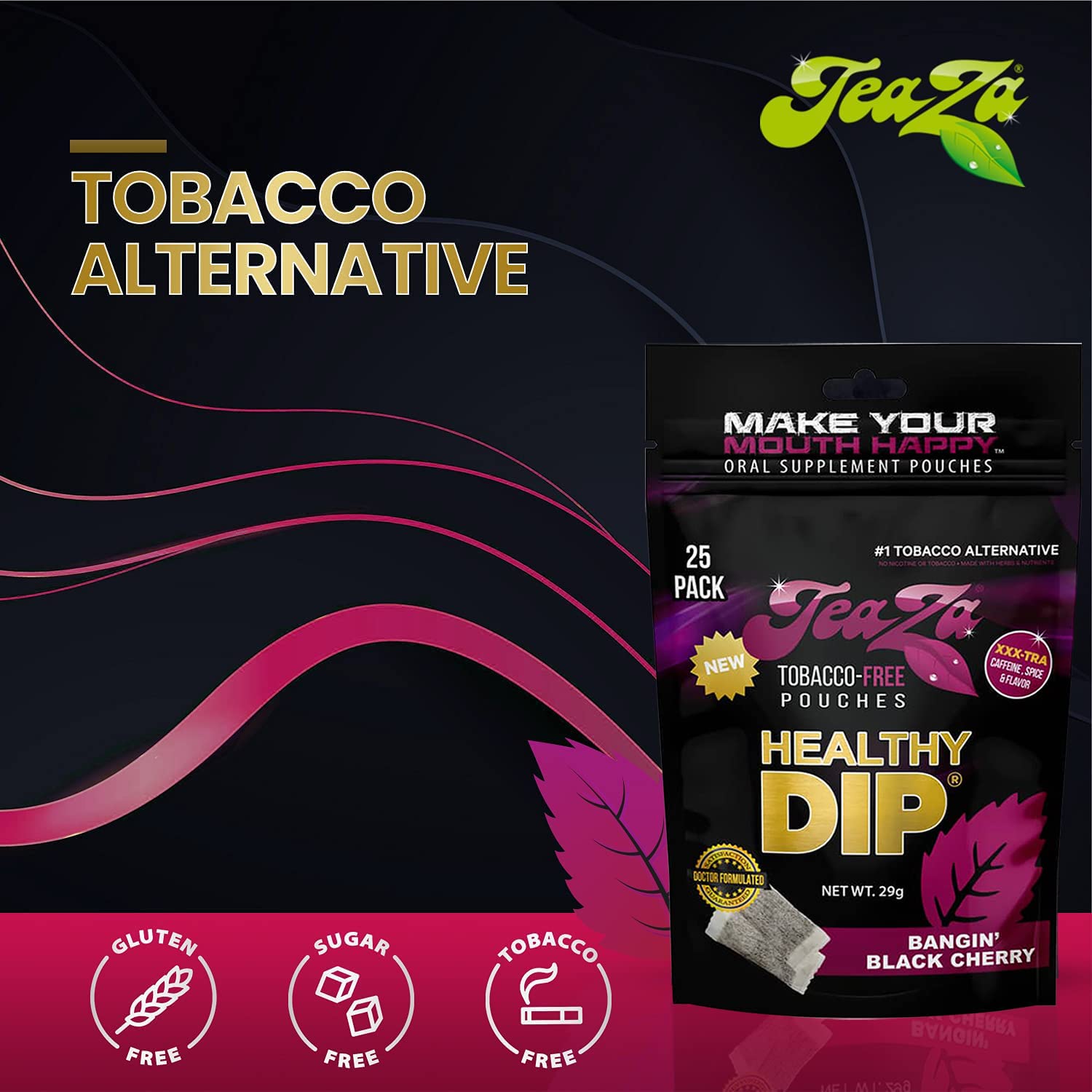 TeaZa Herbal Energy Pouch - Tobacco Free Alternative | 2 x 25 Pouch Pack | Peppermint & Black Cherry Flavors | Natural Energy Boost for Workouts, Travel & Focus