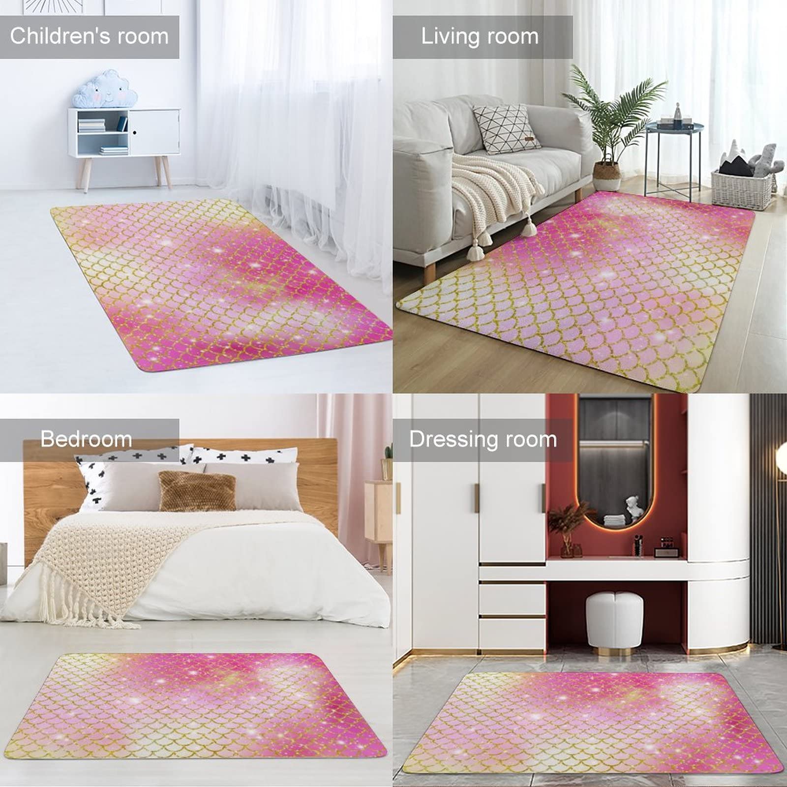 Mermaid Scales Yellow Pink Glitter Rug for Kids Girls Teens - Foldable Non-Slip Area Rug 5ft x 6.5ft - Soft Playroom Carpet for Bedroom, Nursery, Dorm, Living Room & Dining Room Decor - Perfect for Sleepovers, Playtime & Home Design