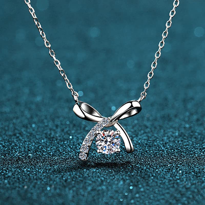 2024 Sterling Silver Moissanite Bowknot Necklace for Women - 0.5ct Durable Clavicle Chain Jewelry - Perfect for Weddings, Anniversaries & Special Occasions (S925, Gem Color: 0.5CT)