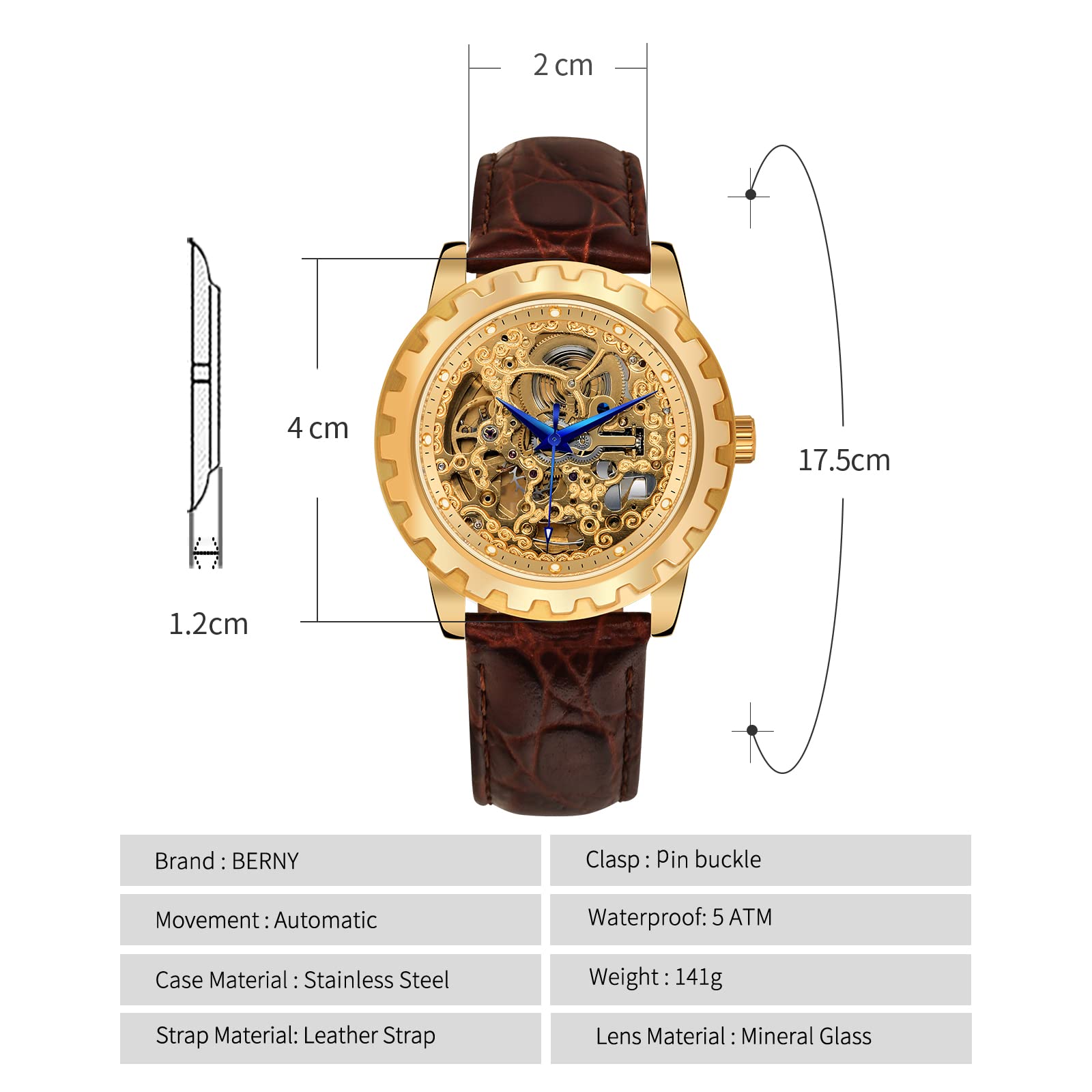 BERNY Luxury Automatic Skeleton Men's Watch - Gold Stainless Steel Dress Watch with Exhibition Back, Luminous Markers & Waterproof - Perfect for Business, Formal Events & Gift Giving