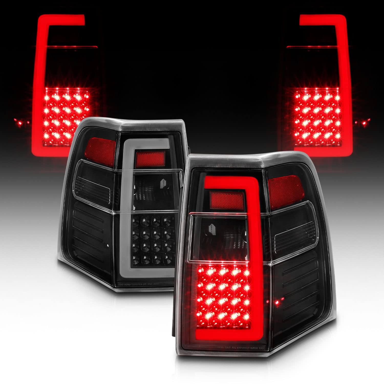 2007-2017 Ford Expedition LED Tail Lights - AmeriLite C-Type Tube Sequential Black Replacement Set (Pair) for Passenger & Driver Side - Enhanced Night Visibility & Style Upgrade