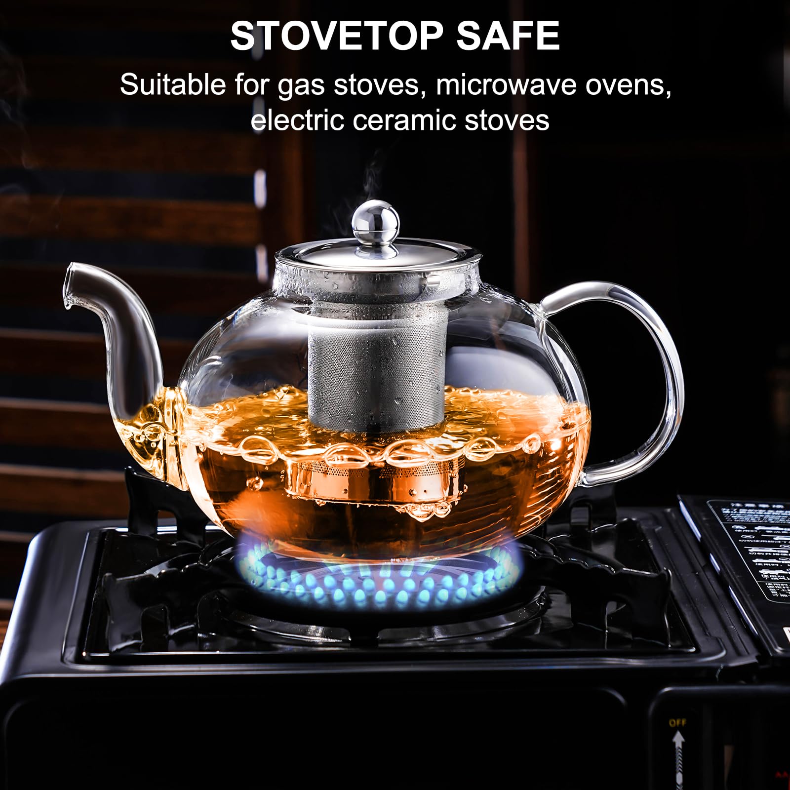 Premium Borosilicate Glass Teapot with Removable Stainless Steel Infuser - 40oz/1200ml Stovetop Safe Tea Kettle for Blooming & Loose Leaf Tea - Perfect for Home, Office, Camping & Travel Use