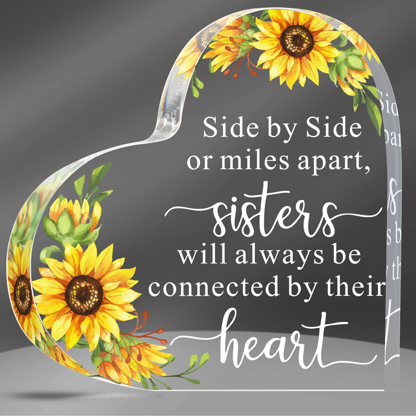 Acrylic Heart Keepsake Plaque - Thoughtful Sister Gift for Birthday, Wedding, or Special Occasions | Inspirational Side by Side or Miles Apart Quote | Perfect for Sister-in-Law, Best Friend | Sunflower Design Home & Office Decor