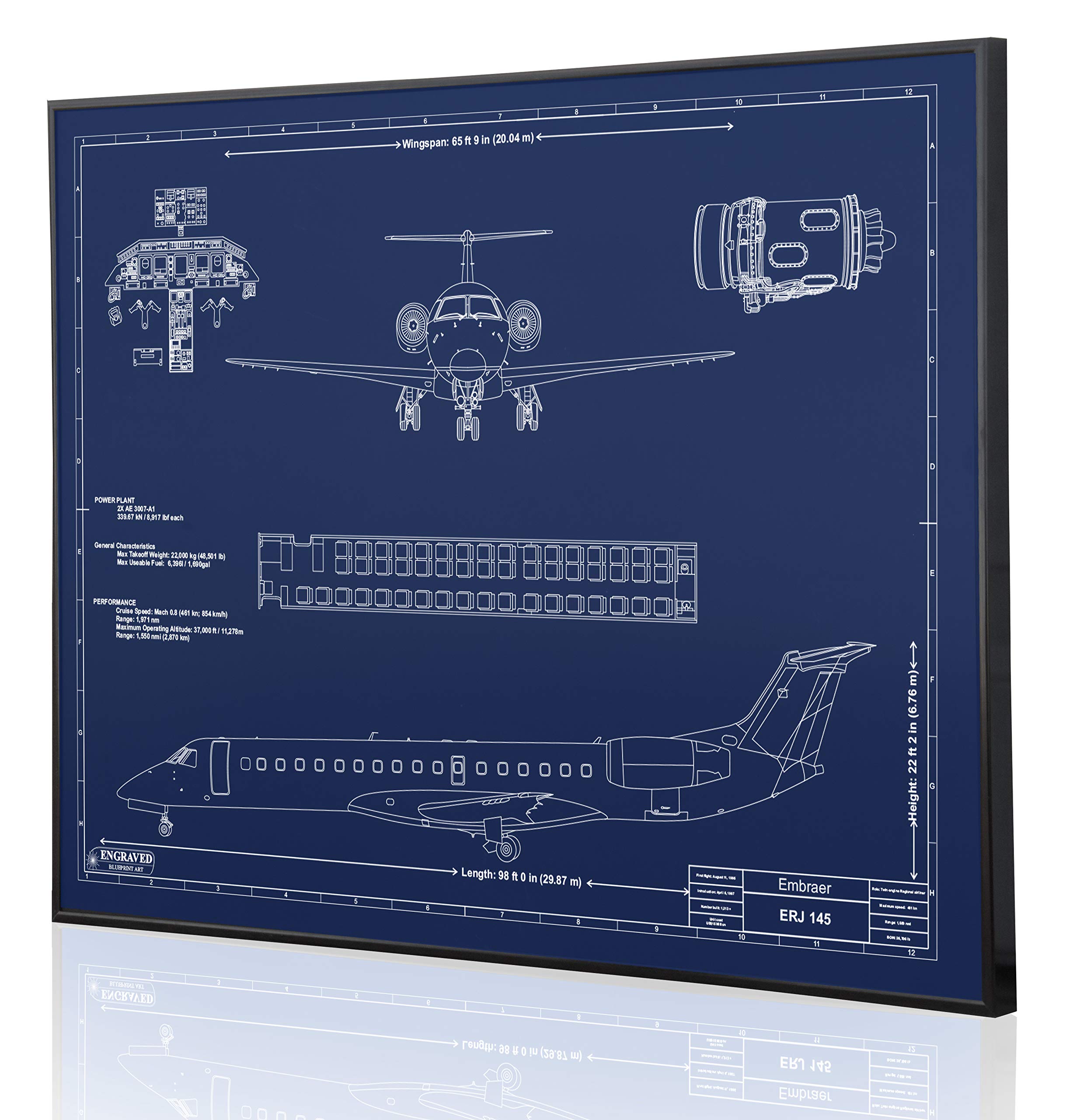Embraer Regional Jet 145 Blueprint Artwork - Laser Engraved Personalized Aviation Gift for Pilots & Aviation Enthusiasts - Perfect for Home, Office Decor & Pilot Appreciation Gifts