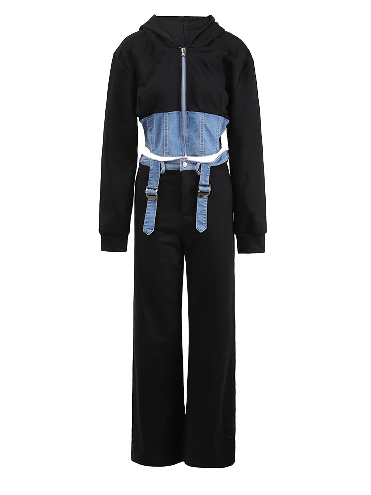 Stylish Black Denim Jacket & Wide Leg Pants Two-Piece Suit Set for Women - Hooded Long Sleeve Fashion Outfit | Perfect for Spring & Fall 2025 | CPDB013 | Office Wear, Casual Outings & Date Nights