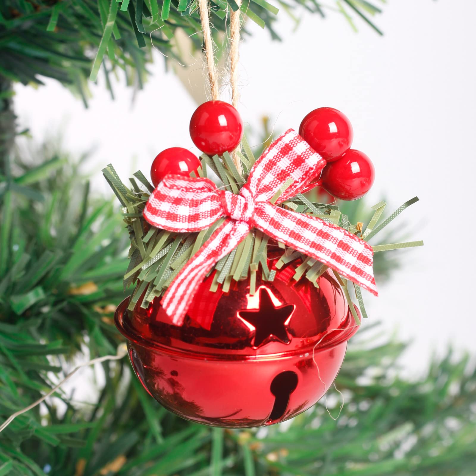 18 Pcs 5CM Red Christmas Tree Bells with Pine Needle Berry Bows - Festive Holiday Decorations for Xmas Tree, Home, Office & Party Decor