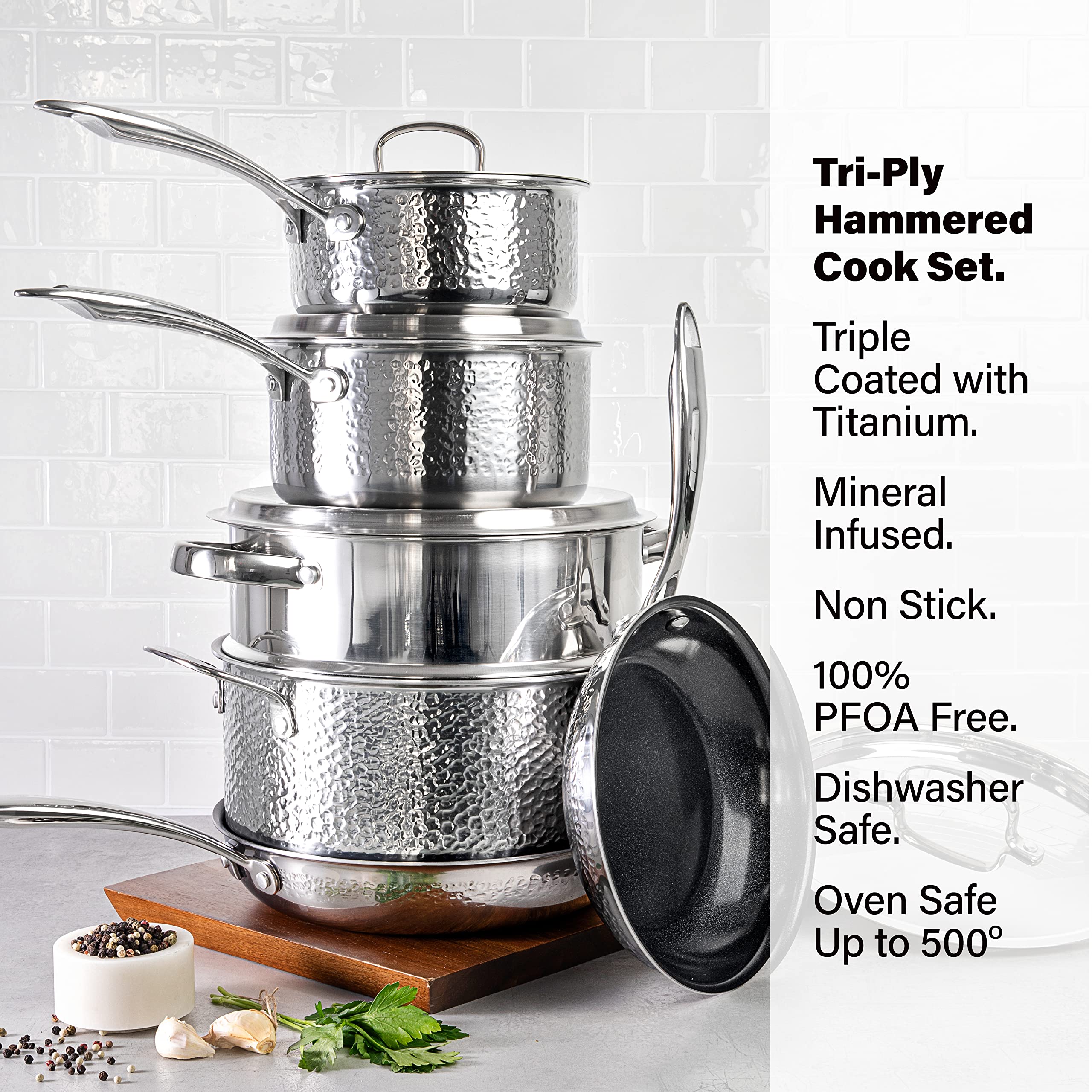 Granitestone Hammered Stainless Steel Cookware Set - 12-Piece Tri-Ply Premium Ceramic Nonstick Pots & Pans with Hammered Finish | Includes Frying Pans, Stock Pots & Skillets | Perfect for Home Cooking, Professional Chefs & Gift Giving