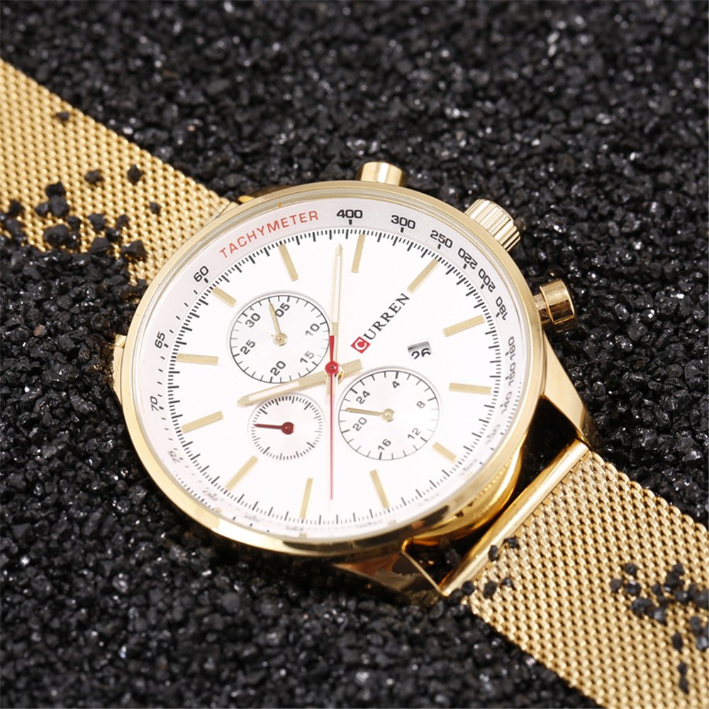 Luxury Men's Stainless Steel Quartz Watch - Waterproof Sport Wristwatch for Casual & Date (Gold/White)