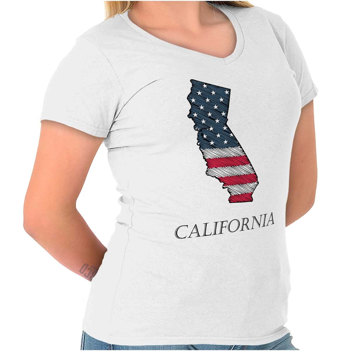 California Shaped USA Flag Women's Petite V-Neck T-Shirt - Stylish Patriotic Graphic Tee for Casual Wear, Travel & Summer Outfits