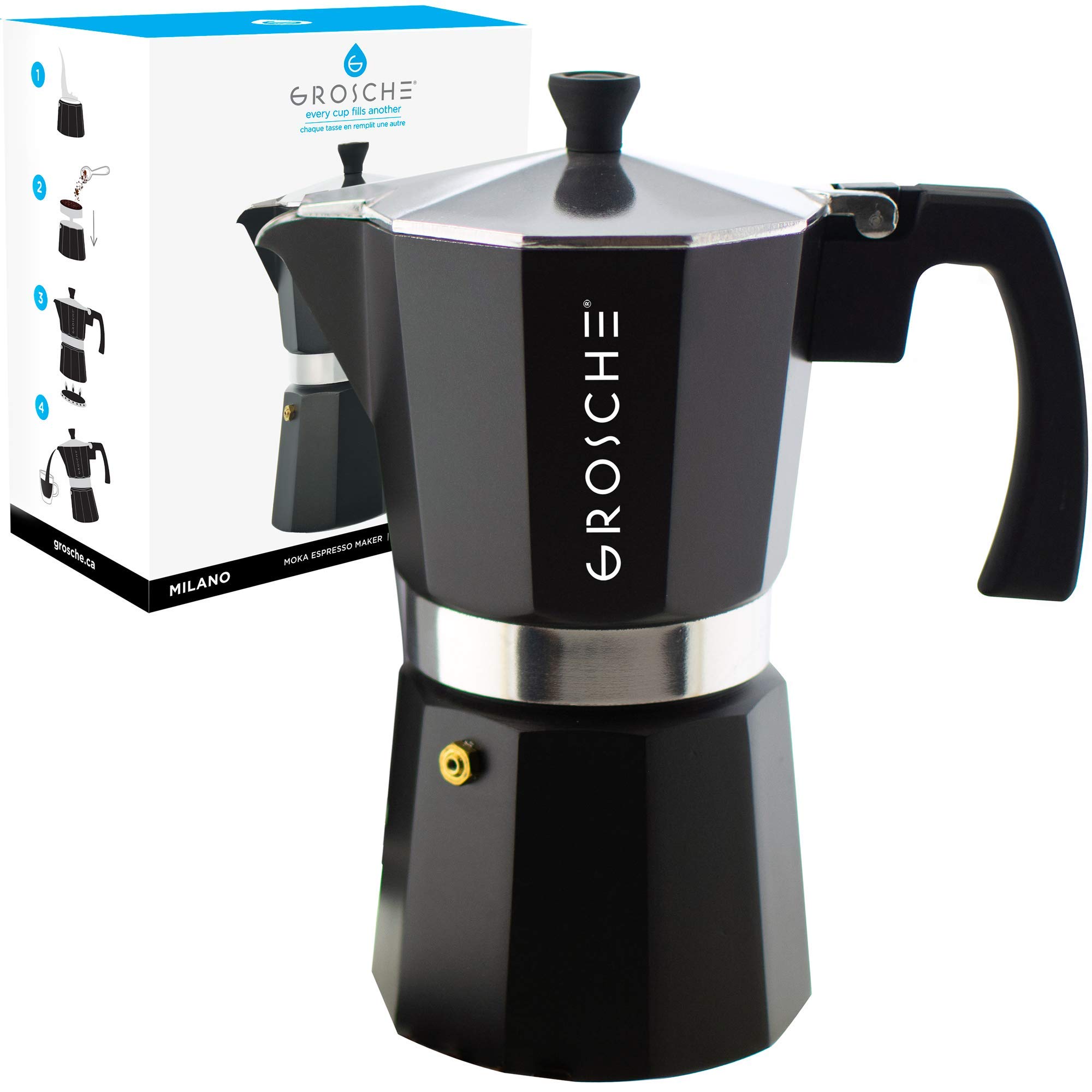 GROSCHE Milano Stovetop Espresso Maker - 12 Cup Moka Pot (23.6 fl oz) for Cuban & Italian Coffee | Black Stovetop Coffee Brewer | Perfect for Home, Office & Camping Use