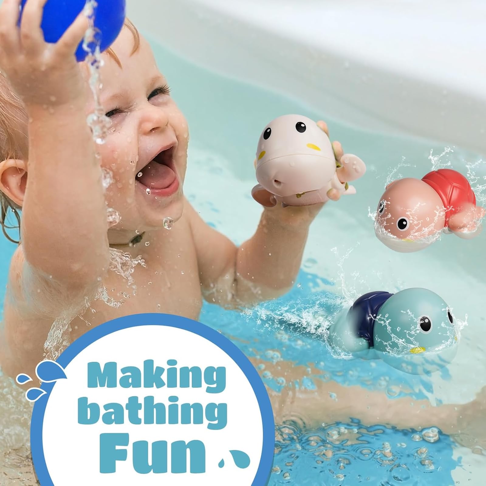 3Pcs Turtle Water Toys for Kids - Fun Shower & Bath Toys for Toddlers 3-5 Years Old, Cute Cartoon Swimming Turtle & Elephant Bathtub Toys - Perfect for Bath Time Play, Pool Parties & Sensory Water Play