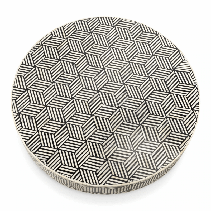Handmade Bone Inlay Black and White Zig Zag Pattern Round Coffee Table with Brass Base - Perfect for Living Room, Lounge, or Office Decor