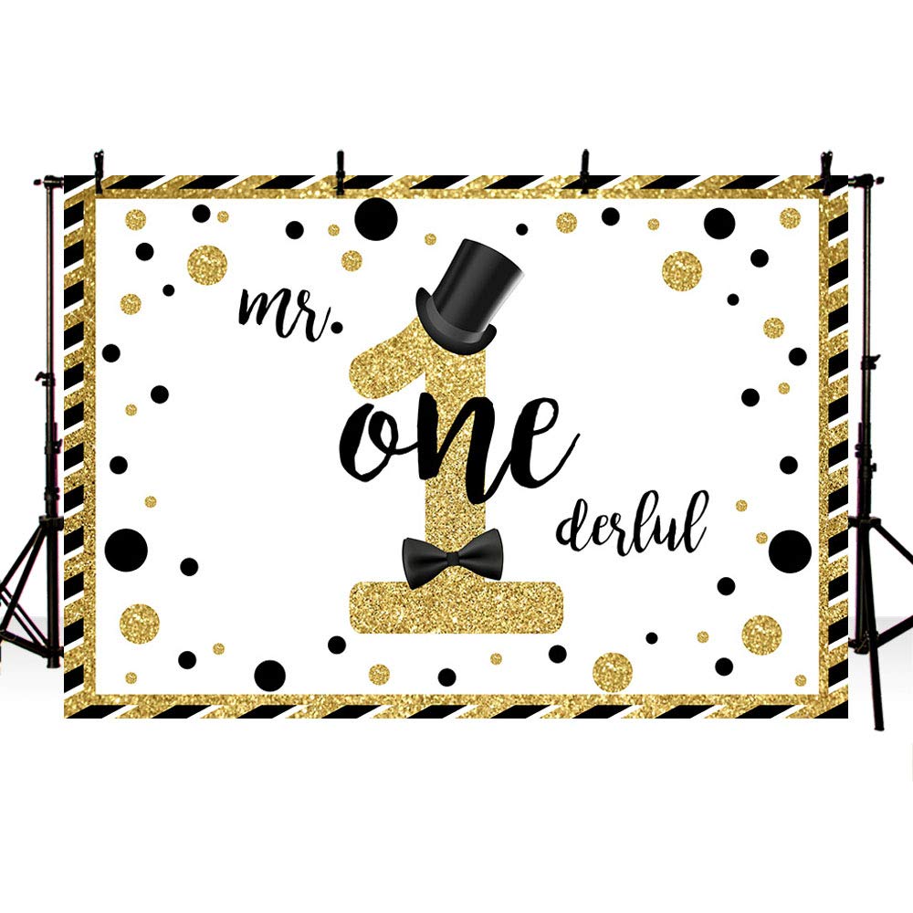 MEHOFOND Mr Onederful Black & Gold Glitter Photo Booth Backdrop - 7x5ft Birthday Party Decoration for 1st Birthday, Cake Table, Photography Background | Perfect for Baby Boy's First Birthday Party, Photo Shoots, and Special Event Decorations