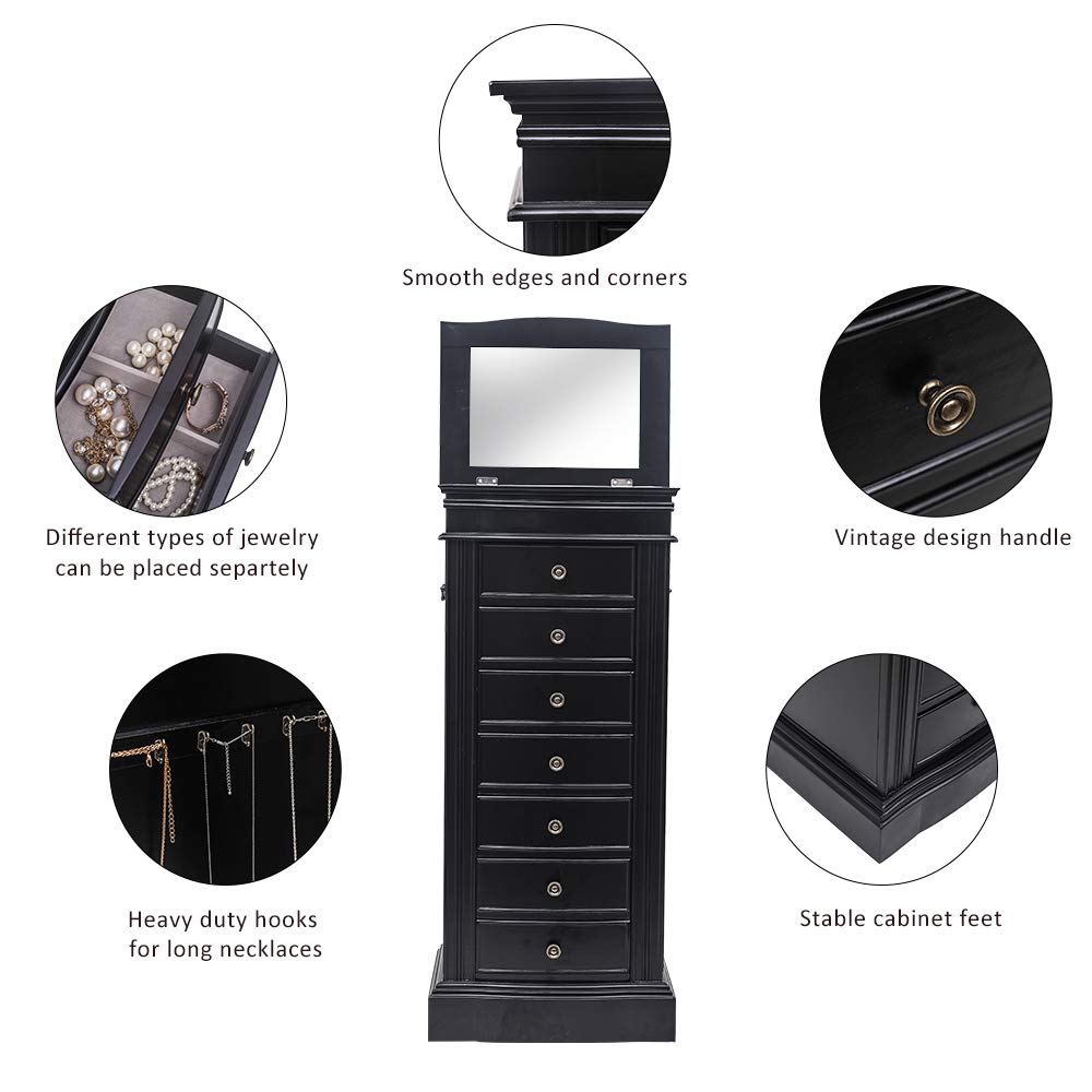 Large Wooden Standing Jewelry Armoire with Mirror - 7 Drawers, 2 Swing Doors & 24 Necklace Hooks - Jewelry Storage Cabinet Organizer for Necklaces, Rings, Earrings - Perfect for Bedroom, Closet or Dressing Room (Black)