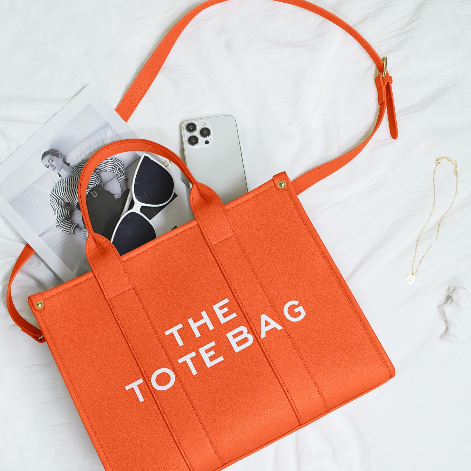NPBAG Women's PU Leather Tote Bag with Zipper - Stylish Crossbody Shoulder Purse for Travel, School & Work | Trendy Top-Handle Handbag in M Orange | Perfect for Daily Commute, Shopping & Office Use