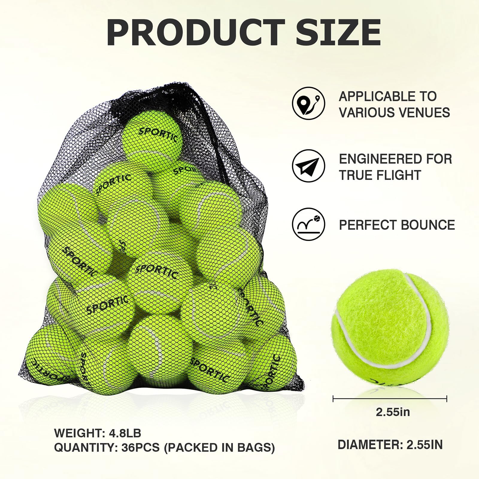 **SPORTIC Pressurized Tennis Balls - 12PC or 36PC with Mesh Bag | High Bounce Training & Practice Balls for Beginners, Pets & Dogs | Perfect for Court Play, Backyard Drills & Dog Fetch Games**