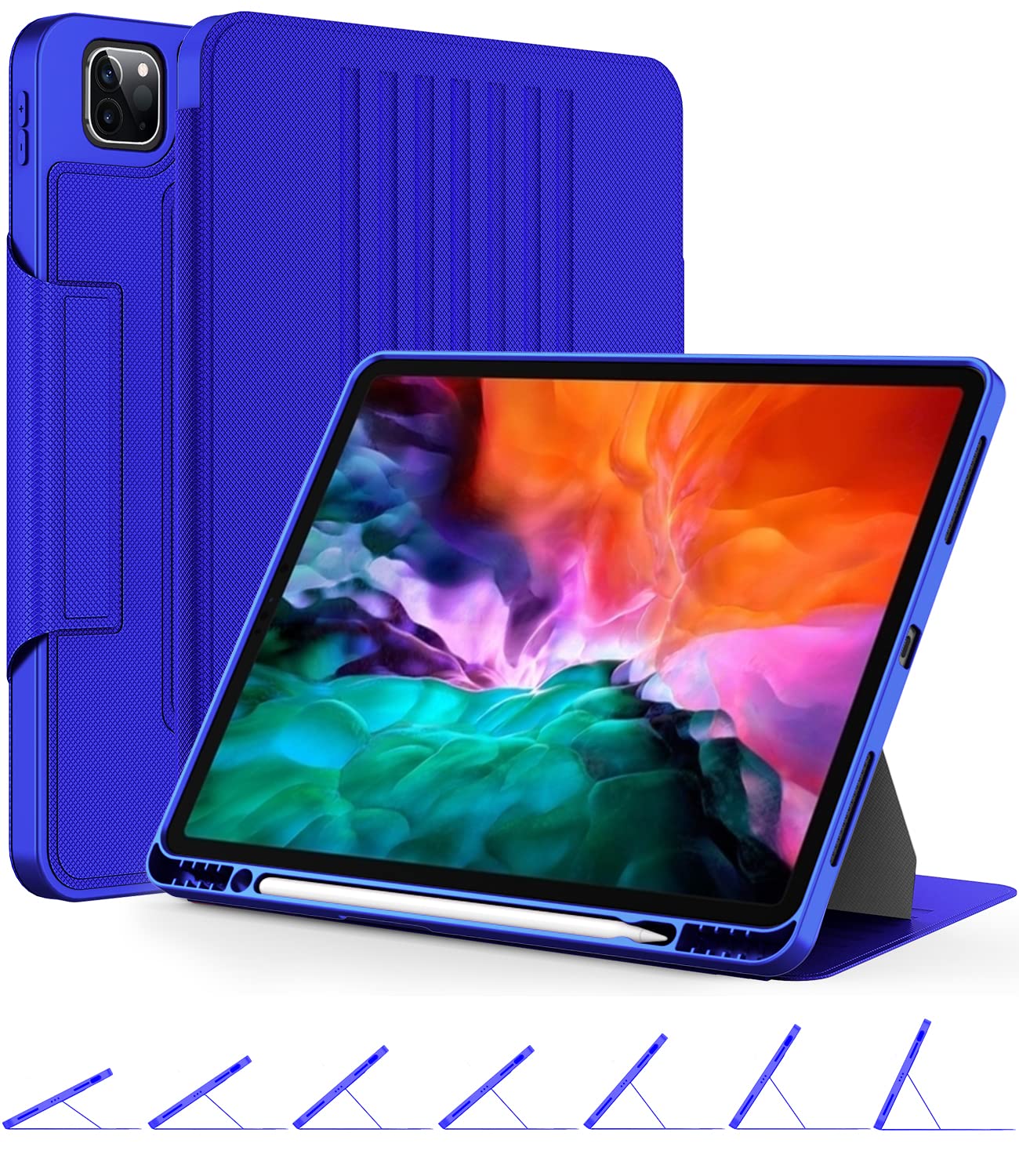 OCYCLONE iPad Pro 12.9 Case for 5th/4th/3rd Gen (2021/2020/2018) - Magnetic Stand with 7 Viewing Angles, Pencil Holder & Auto Wake/Sleep Protection - Durable Blue Cover for Work, Study & Entertainment