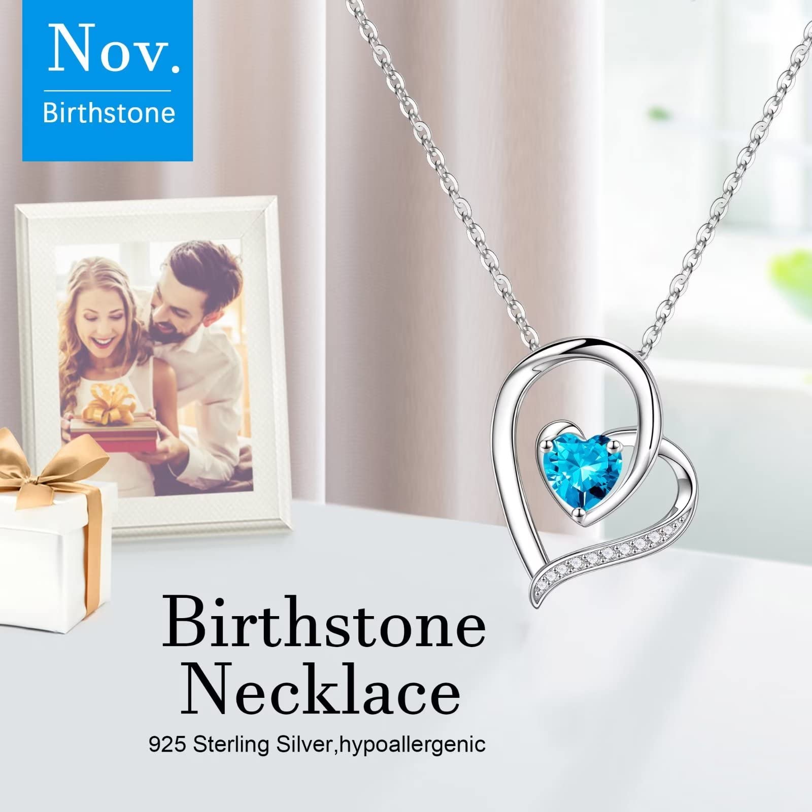 Iefil 925 Sterling Silver Heart Birthstone Necklace for Women - Personalized Mothers Day, Anniversary & Birthday Jewelry Gifts for Wife, Mom, Daughter | Elegant Everyday Wear & Special Occasion Present