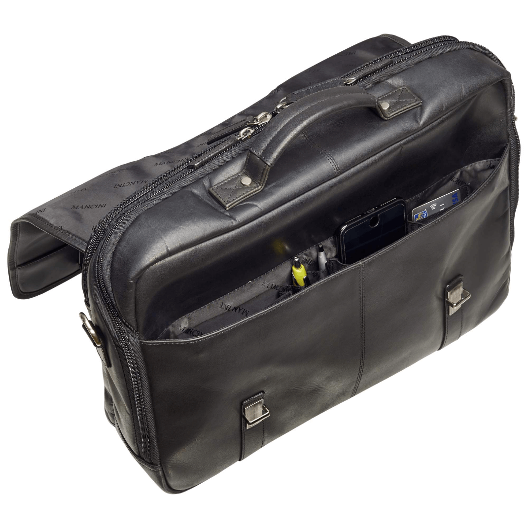 Mancini Buffalo Leather Double Compartment 15.6 Inch Laptop Briefcase for Business Professionals - Perfect for Office, Travel & Work Commute