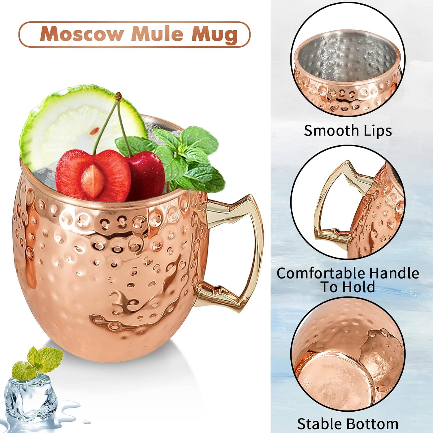 24-Pack Moscow Mule Copper Mugs Set - 18oz Hammered Stainless Steel Cups with Handle, Includes 1pc 0.5oz Double Jigger & 24 Stainless Steel Straws - Perfect for Cocktails, Cold Drinks & Party Serving
