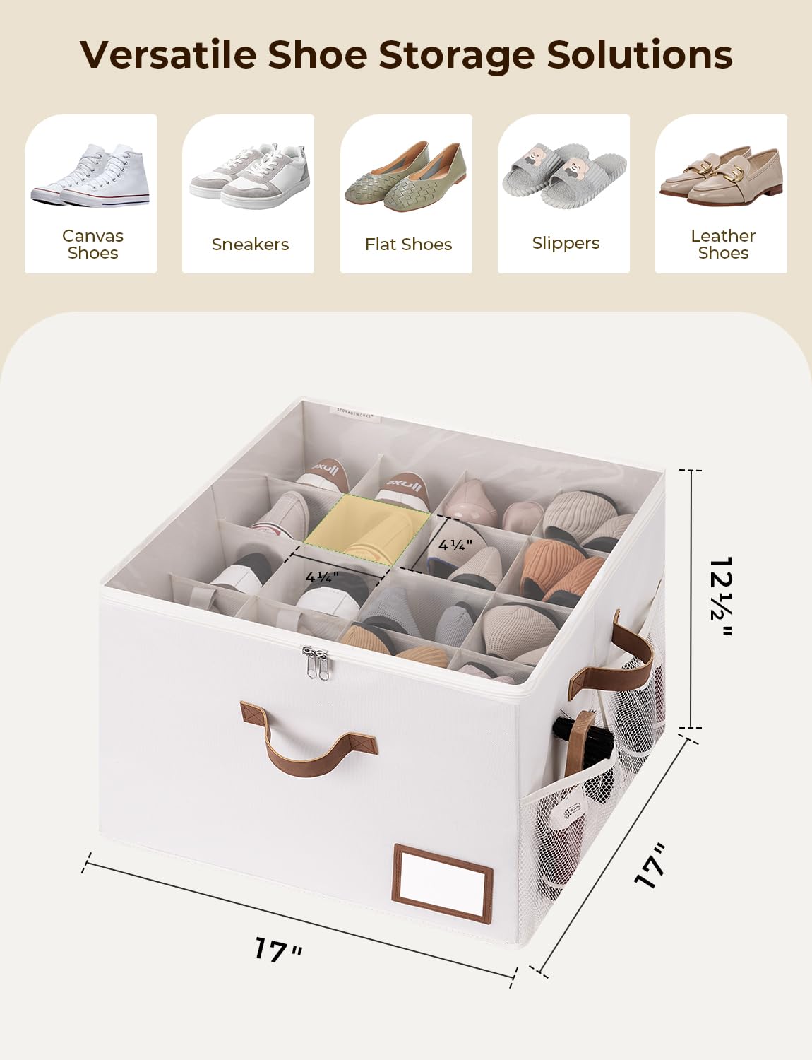 StorageWorks 16-Pair Shoe Organizer for Closet - Grey Shoe Cubby Storage with Mesh Pocket & Clear Cover | Space-Saving Closet Shoe Rack for Home, Dorm, or Office Organization