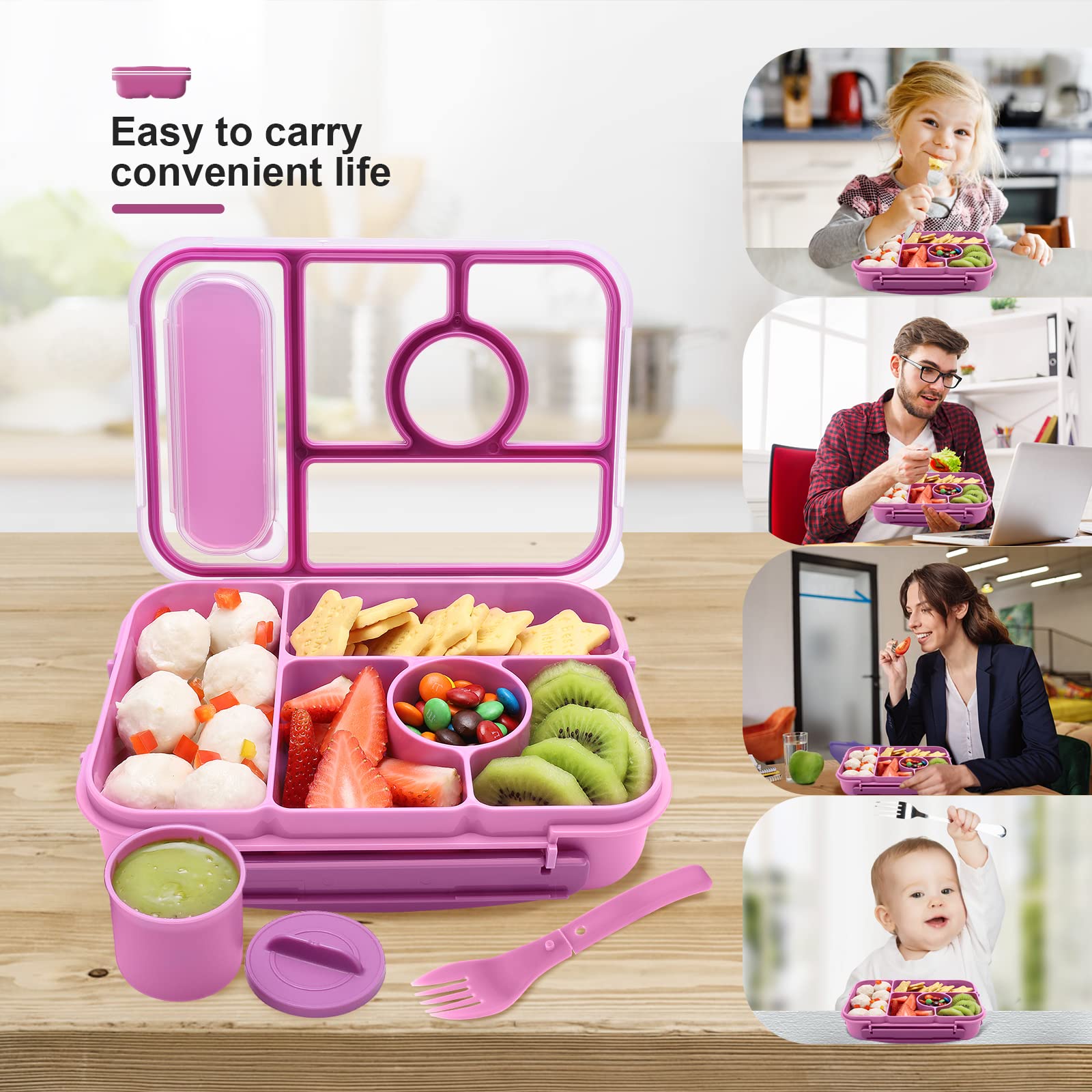 5-Compartment Bento Lunch Box for Adults & Kids with Sauce Containers - Microwave, Dishwasher & Freezer Safe - Ideal for School, Office & Picnics (Purple)