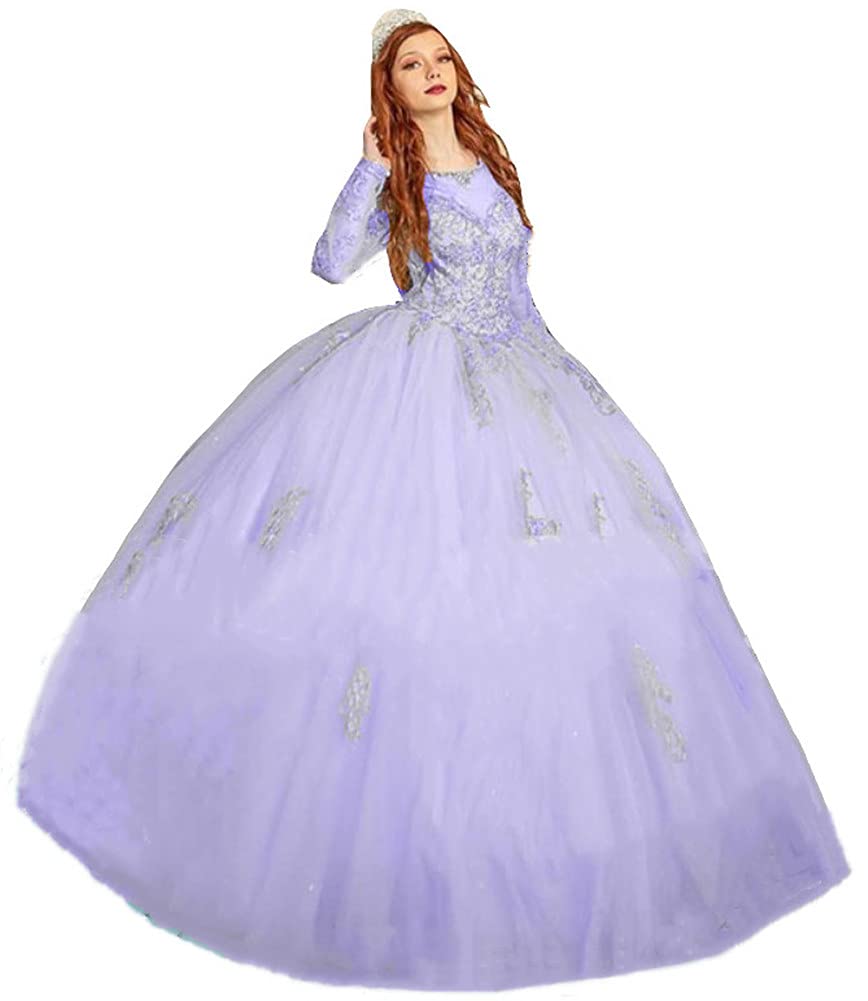 Elegant Lilac Quinceanera Dress for Women - Long Sleeve Lace Applique Sweet 16 Ball Gown | Perfect for Quinceañeras, Proms, Weddings & Special Occasions