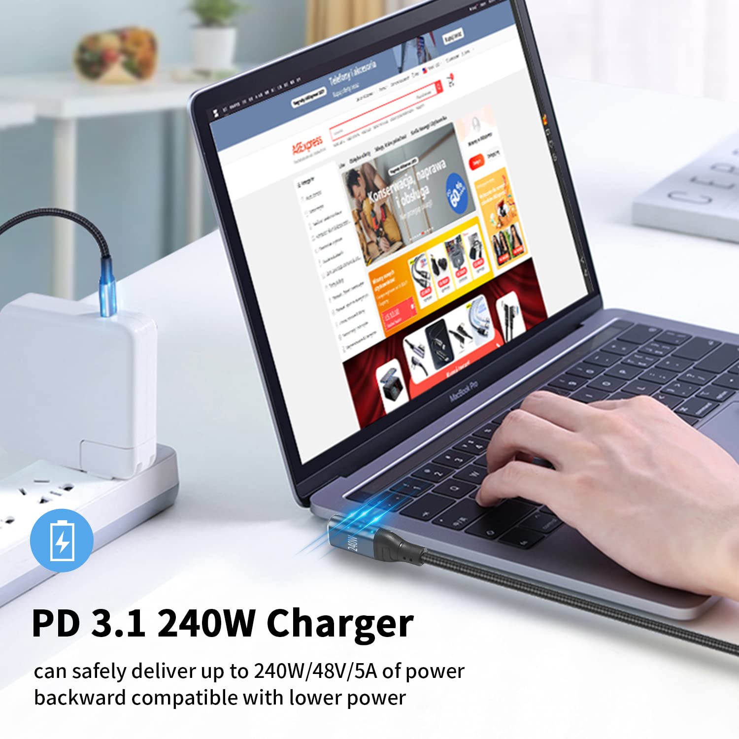 Poyiccot 1.5ft Right Angle USB C to USB C Cable - 240W Fast Charging, 90 Degree Type C Charger Cable Compatible with MacBook, iPad Pro, Samsung Galaxy - Perfect for Travel, Office & Home Charging