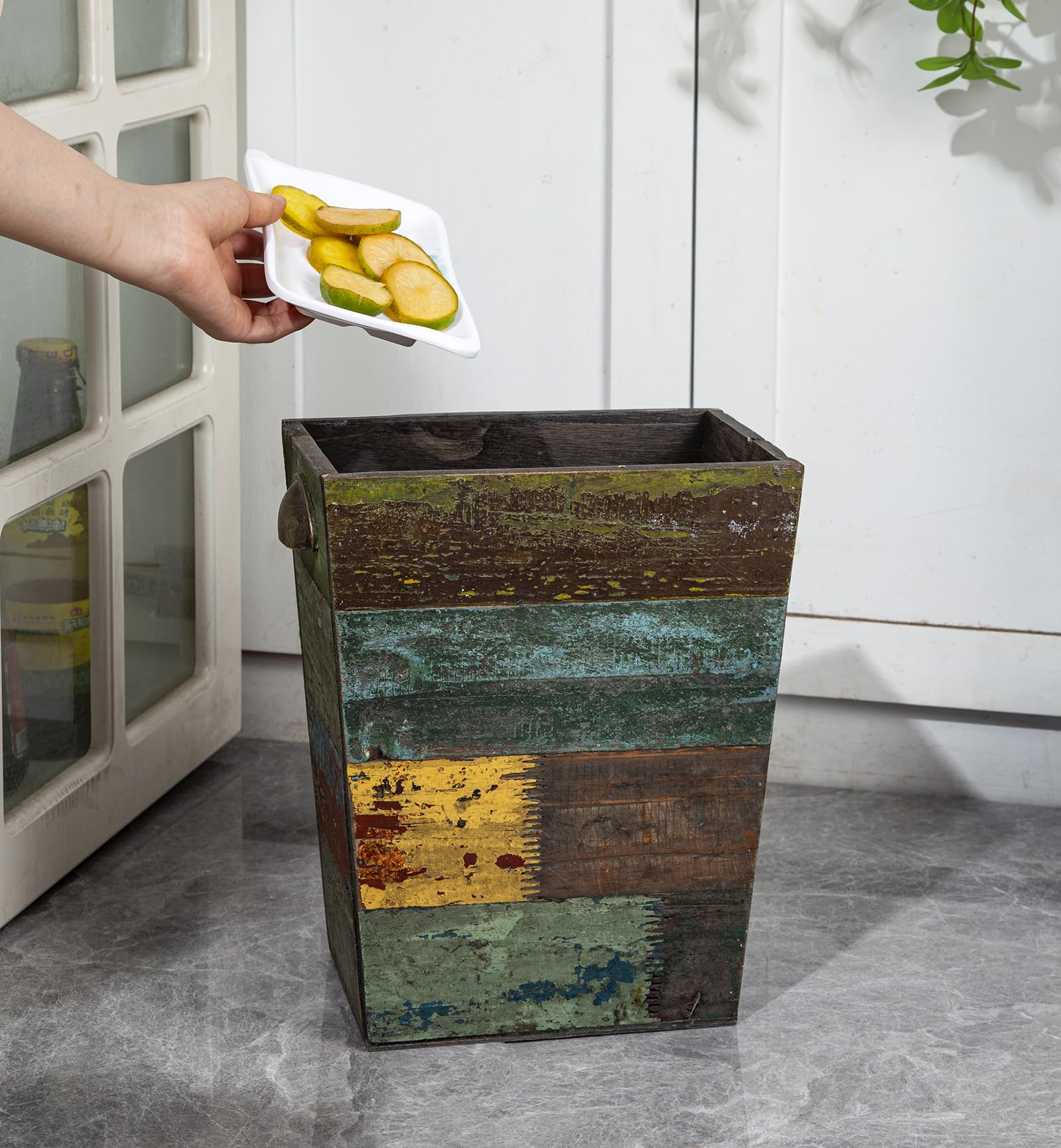 TIMRIS Small Wood Trash Can - Farmhouse Rectangular Waste Basket with Metal Handles, Rustic Distressed Boho Wooden Recycling Bin for Kitchen, Bathroom, Office & Living Room - Reclaimed Wood Storage Basket (Random)